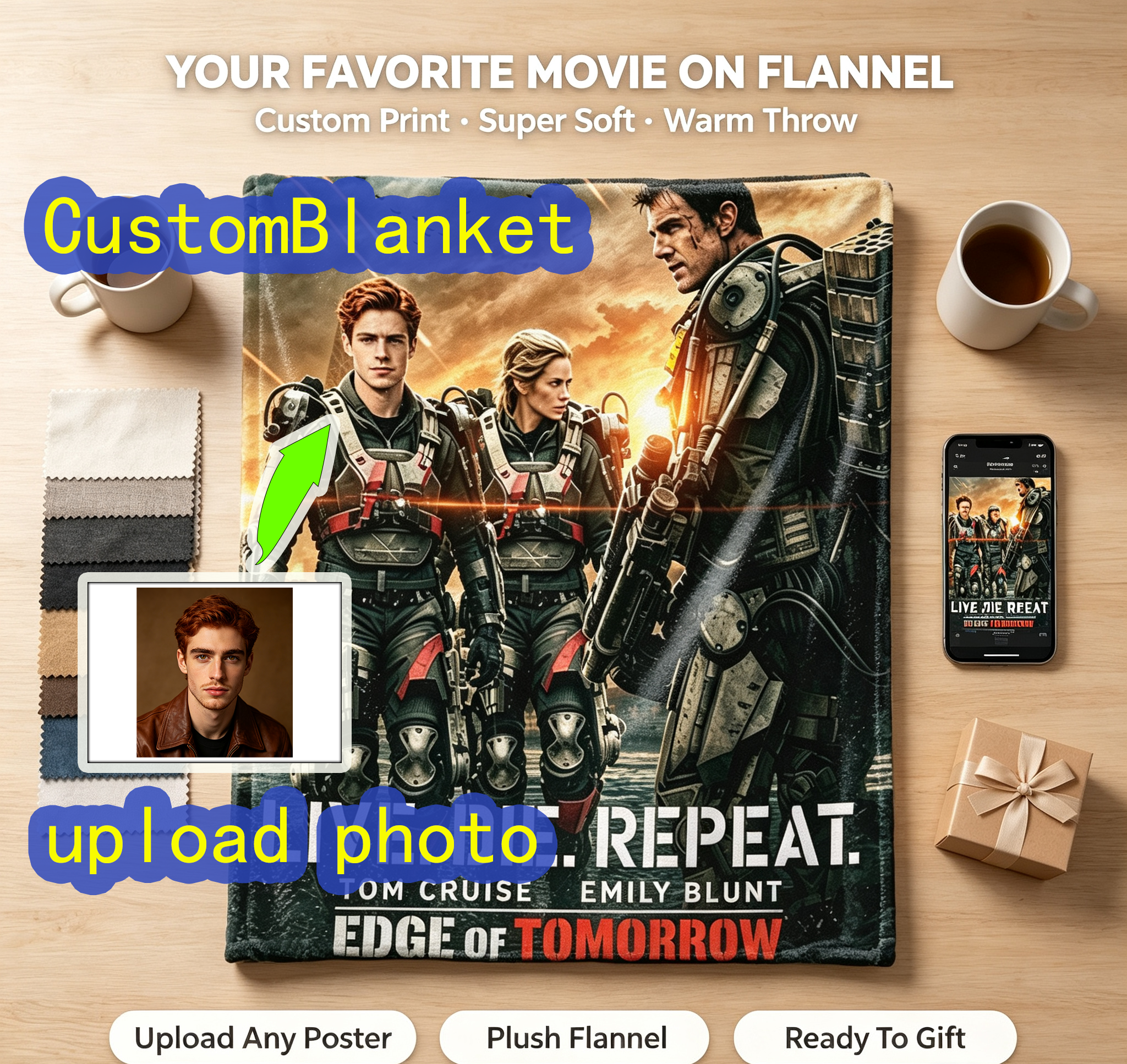 Custom Face Blanket Edge of Tomorrow Movie Characters Flannel Blanket Perfect for Fans of Tom Cruise and Emily Blunt Ideal for Couch, Bed, or Travel Great Gift or Giveaway for Sci-Fi Movie Enthusiasts