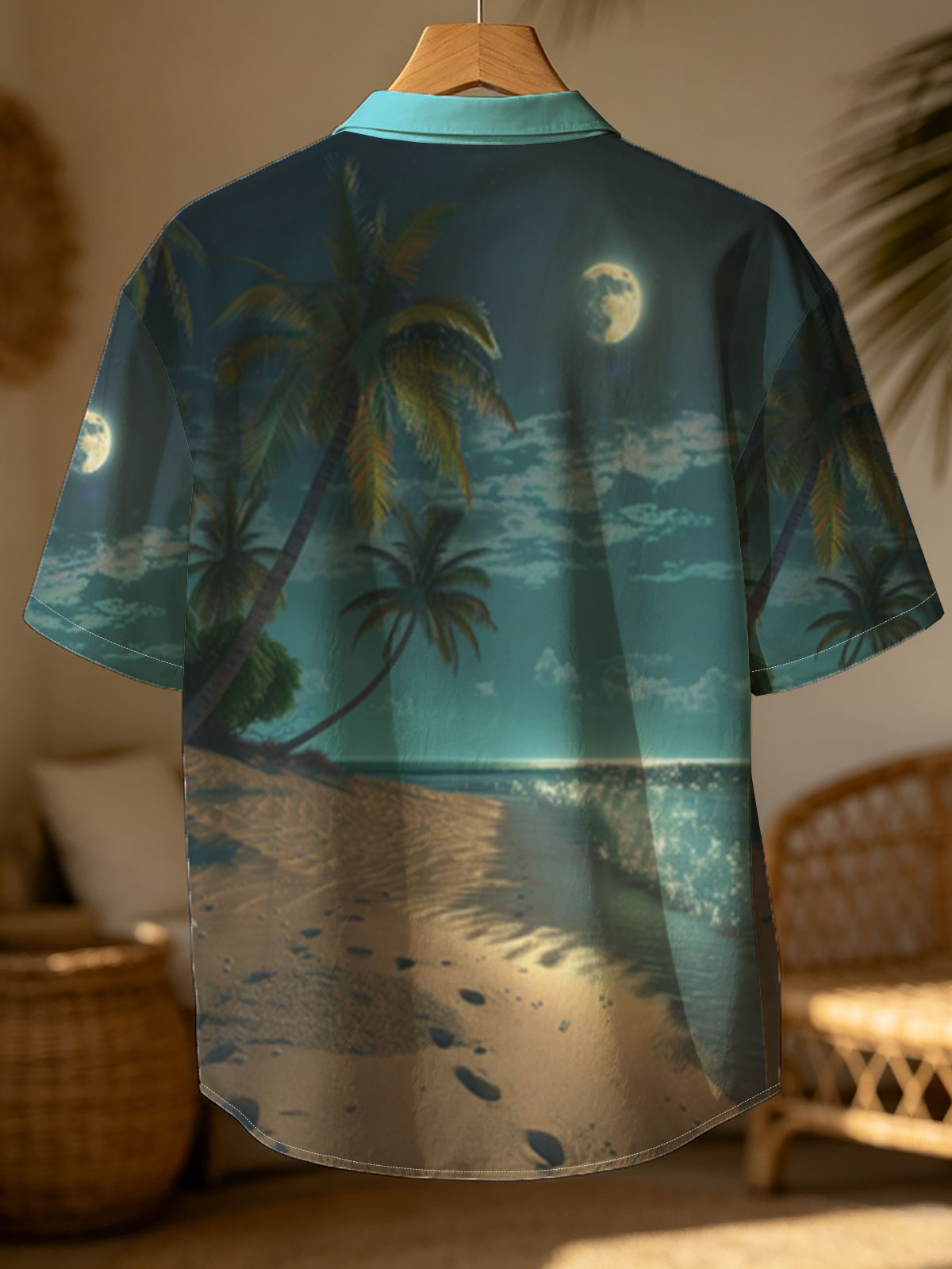Moonlit Tropical Beach with Palm Trees and Shimmering Water -  Shirt