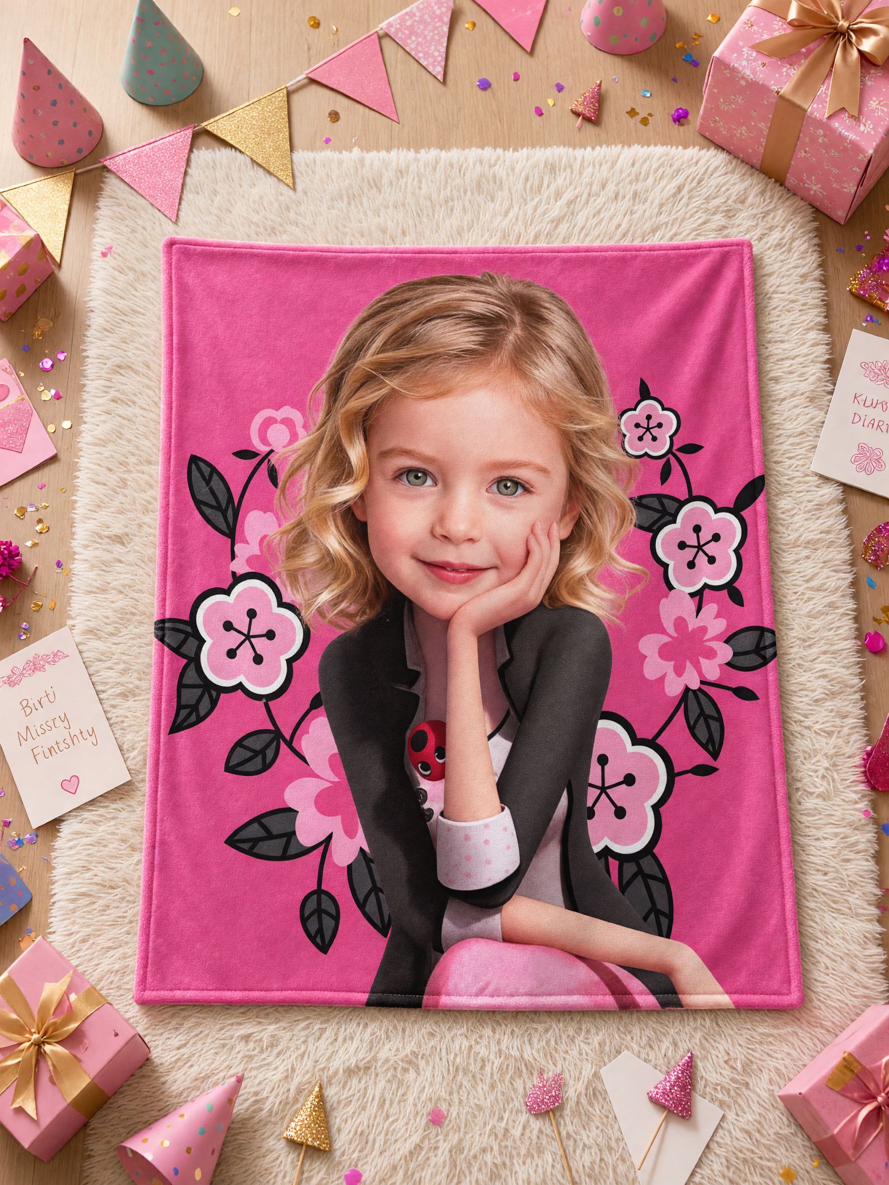 Custom Face Photo Blanket Personalized Flannel Throw with Pink Floral Frame, Cozy Keepsake Gift