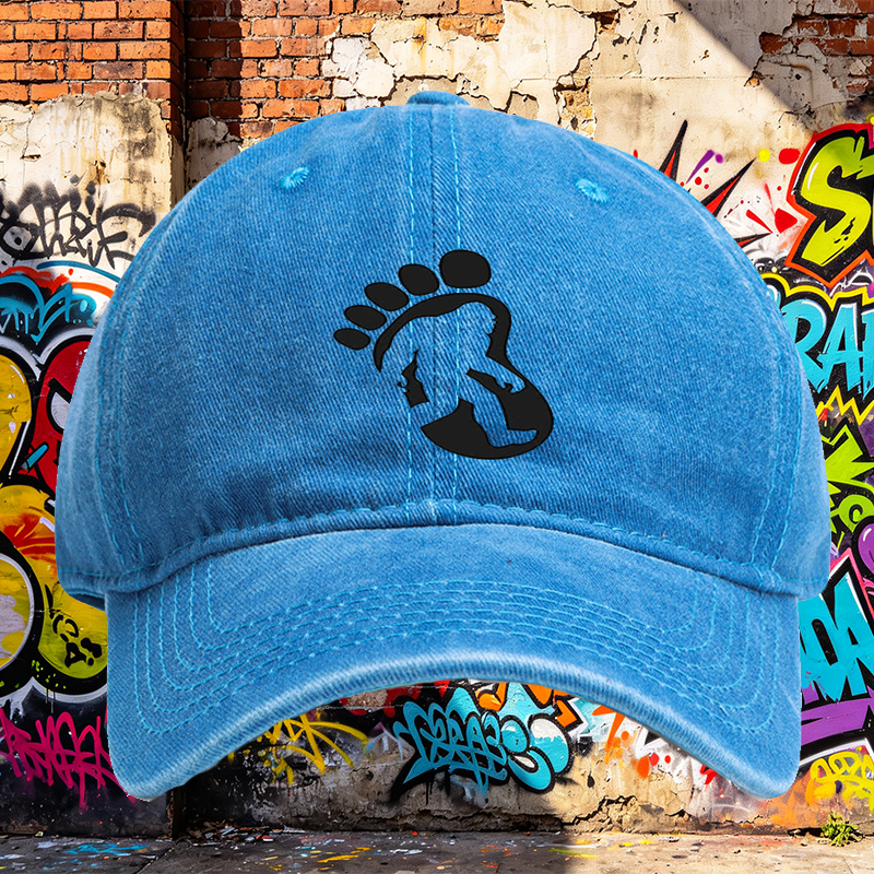 Unisex Classic Washed Cap with Bigfoot Silhouette Print - Outdoor Adventure Hat for Hiking, Camping, and Nature Enthusiasts