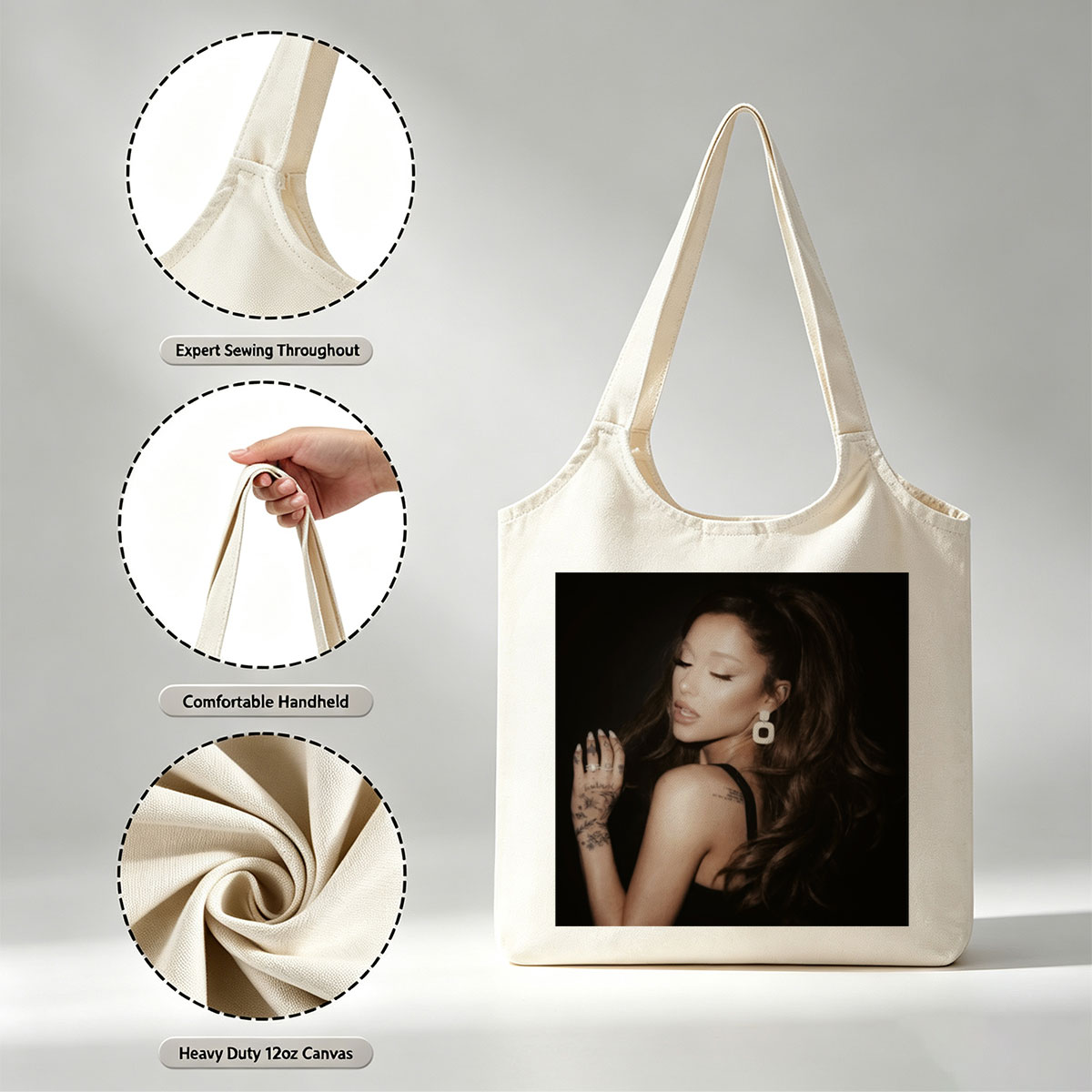 Ariana Grande in a Dramatic Pose with Long Hair and Tattoos on Dark Background - Canvas shoulder bags/