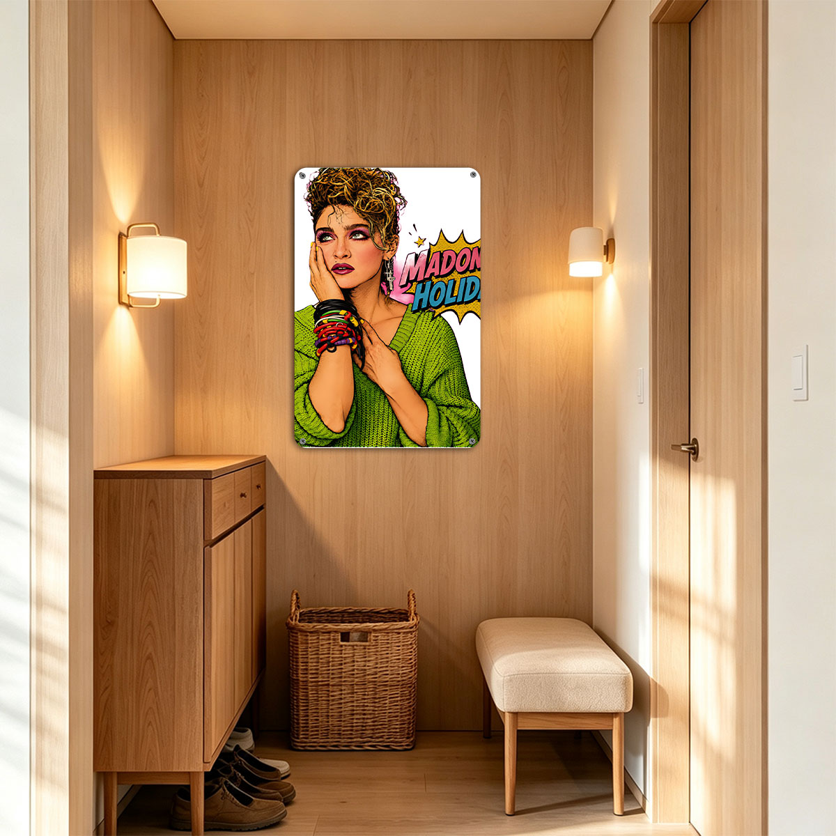 Madonna Holiday: Iconic Pop Star in Vibrant Green Sweater and Bold Accessories - painting