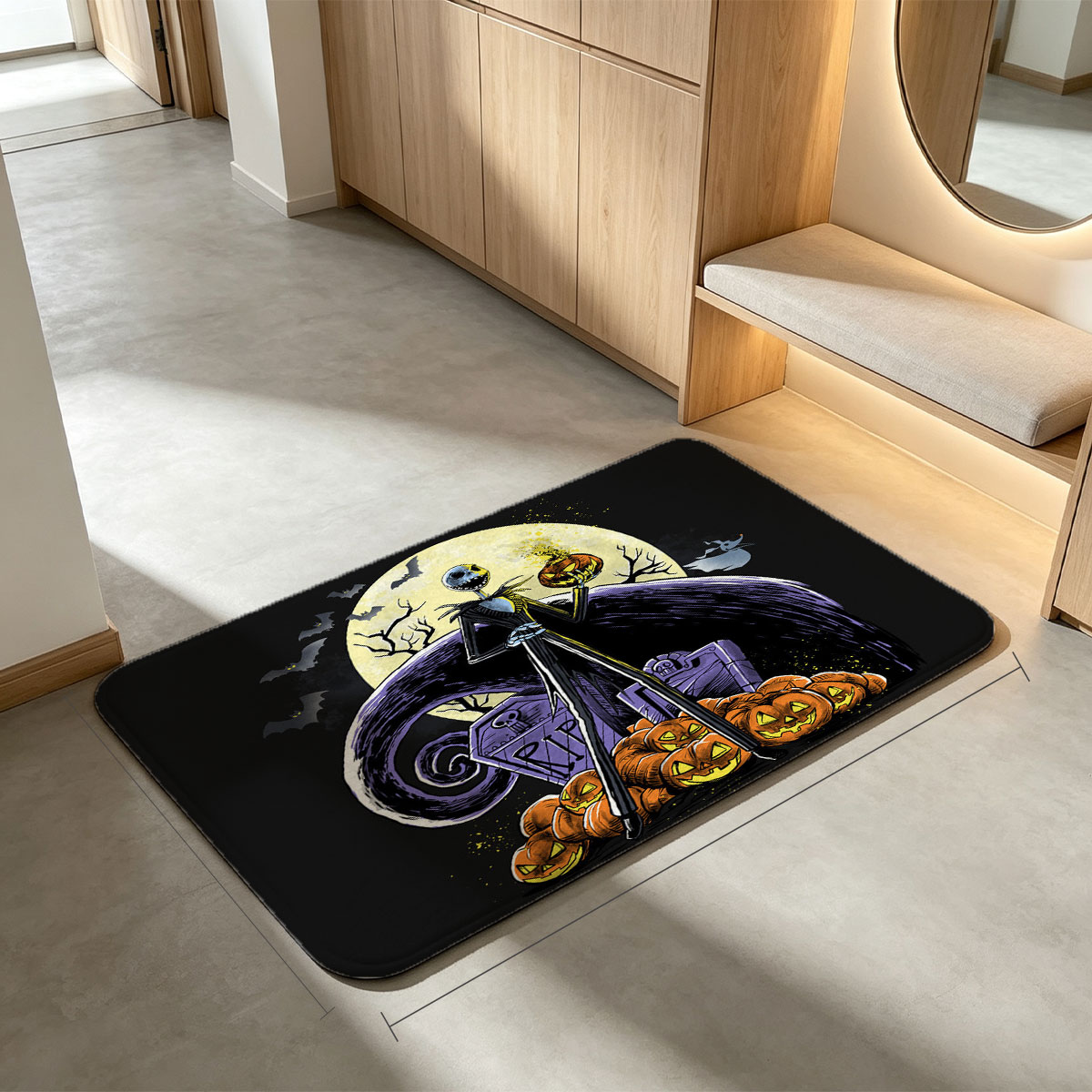 Jack Skellington from The Nightmare Before Christmas stands atop pumpkins with a full moon and bats in the background. - Flannel floor mat