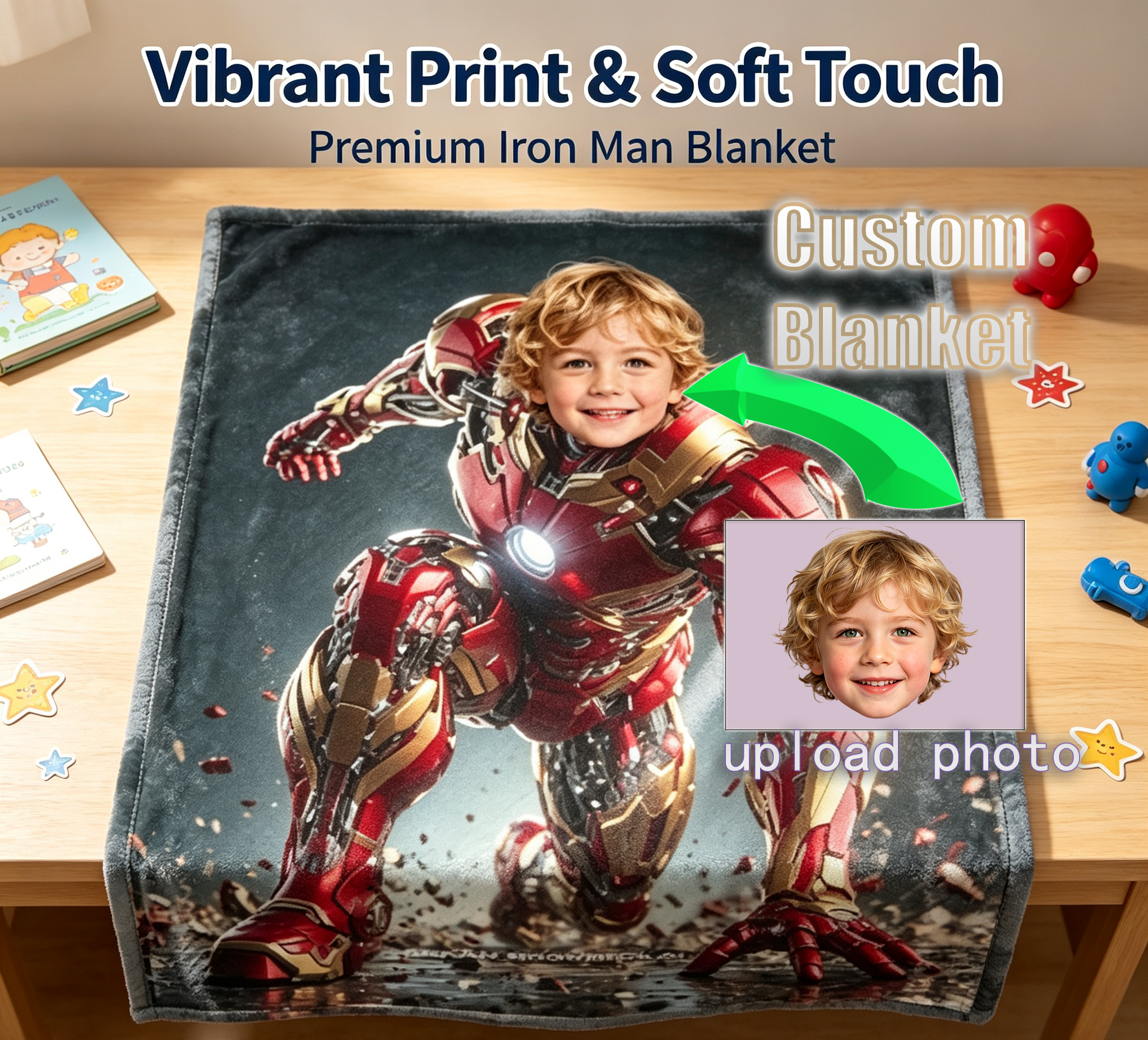 Personalized Iron Man Crouch Pose Custom Photo Blanket, Superhero Throw Blanket, Unique Birthday Gift for Little Boy