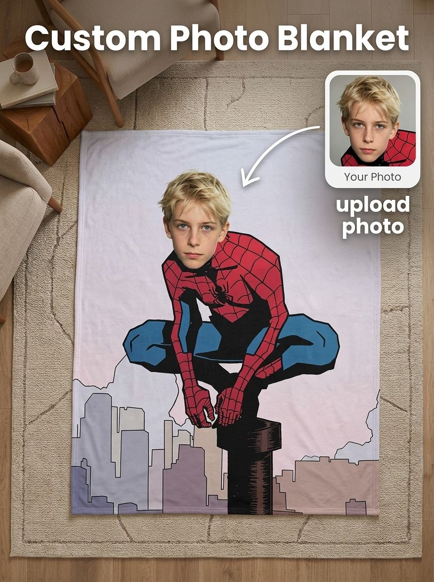 Custom Photo Face Superhero Flannel Blanket, Personalized Soft Fleece Throw for Kids and Adults, Cozy Bed Couch Gift