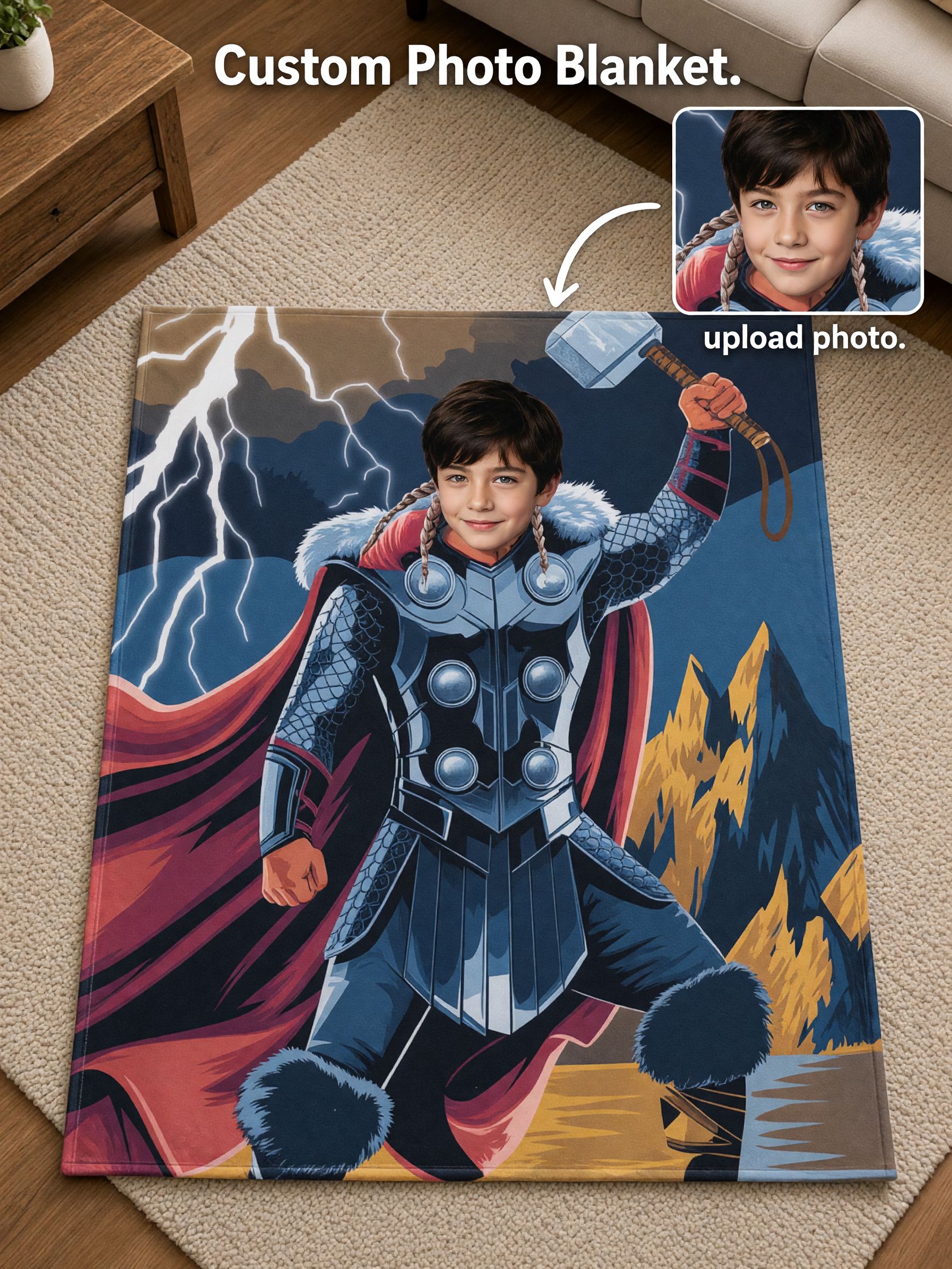 Custom Face Superhero Warrior Blanket, Personalized Photo Soft Flannel Throw, Ideal Cozy Gift for Kids and Teens