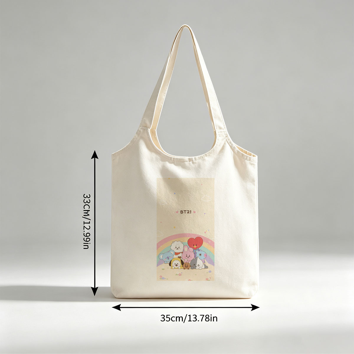 BT21 Characters Gathering Under a Rainbow in a Cute Pastel Scene - Canvas shoulder bags/