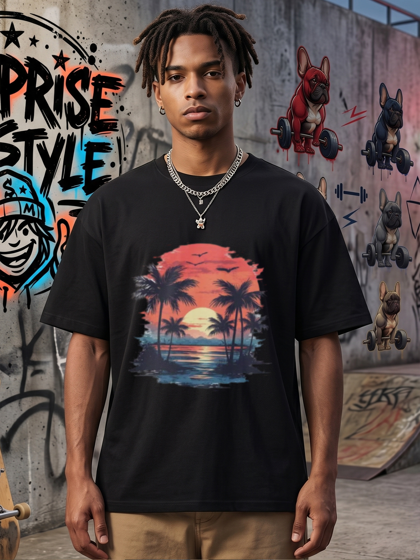 Men's Printed T-Shirt Tropical Sunset Palm Trees Design Casual Round Neck Summer Lightweight Breathable Short Sleeve T-Shirt for Beach Vacation Outdoor Activities Adults