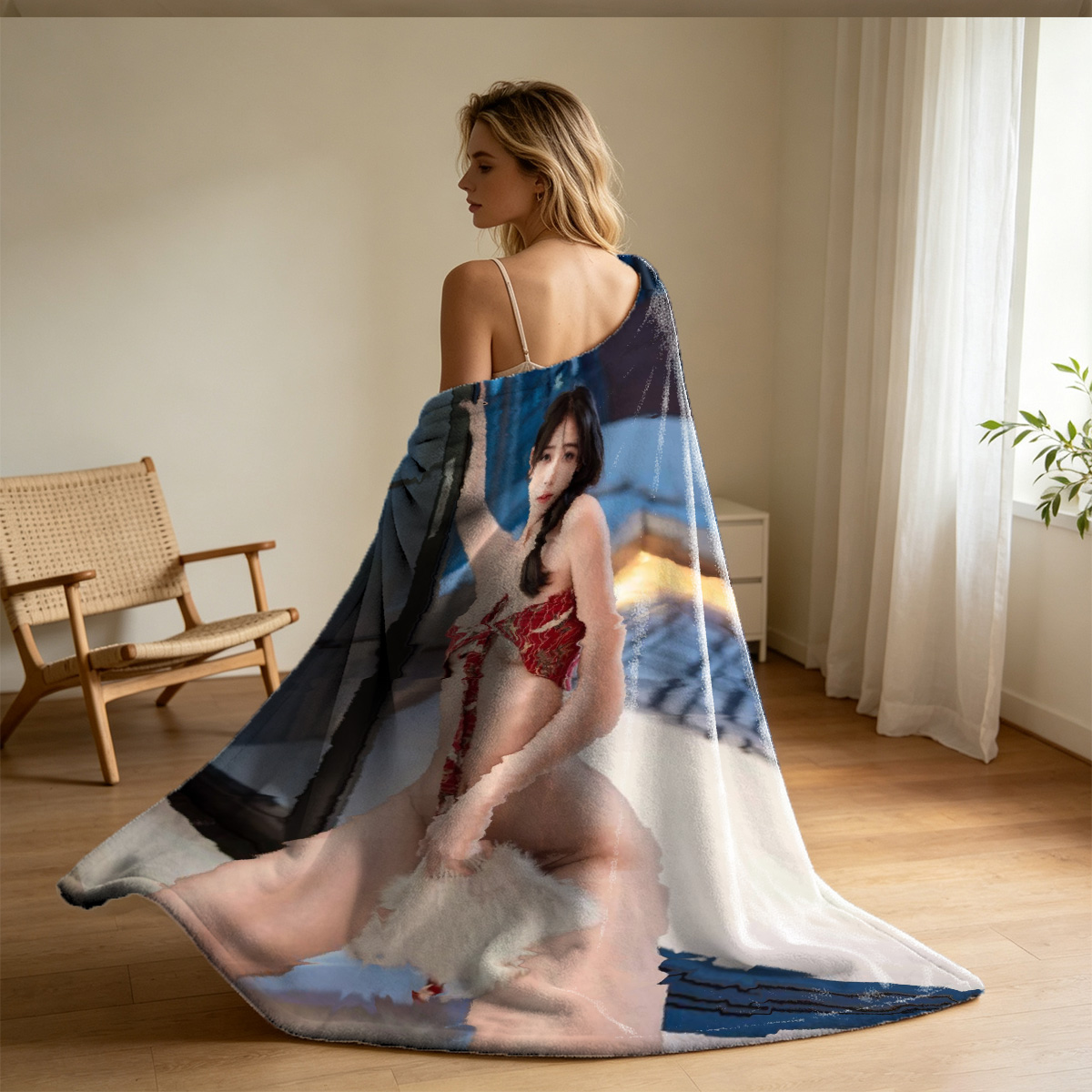 Nude blonde sitting backwards on blue armchair - Blanket