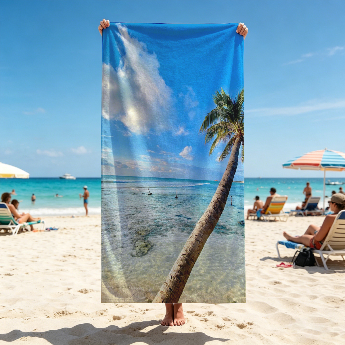 Tropical beach with palm tree leaning over clear blue water under a bright sky. - Beach towels
