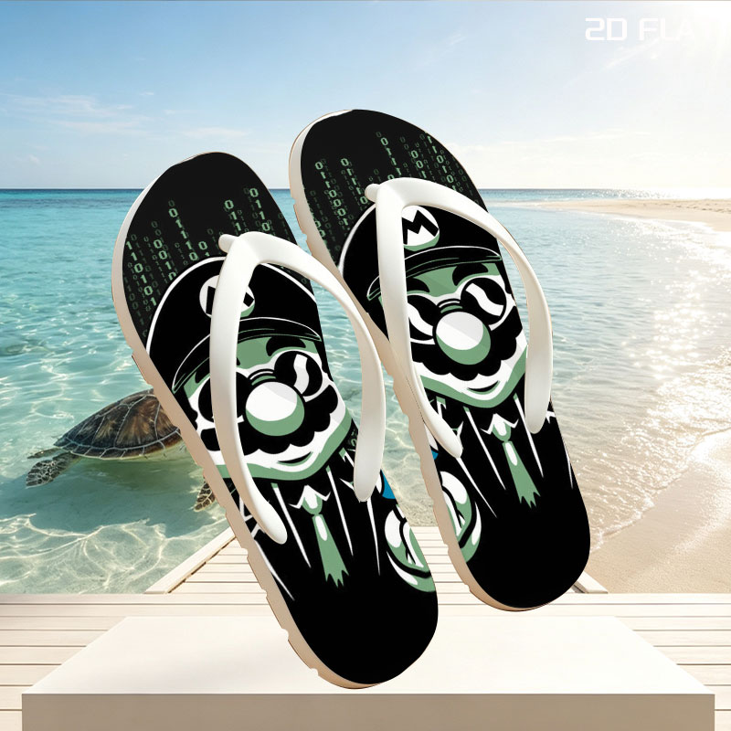Mario in Matrix Code with Red and Blue Mushrooms -  flip-flops