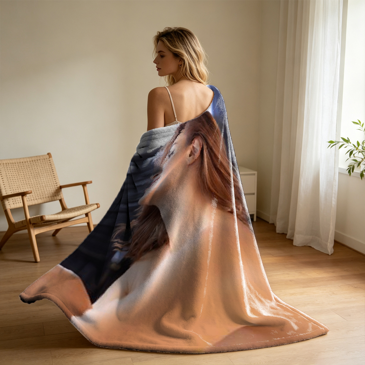 Nude Scarlett Johansson on Wicker Sofa with Silk Draped Around Legs - Blanket