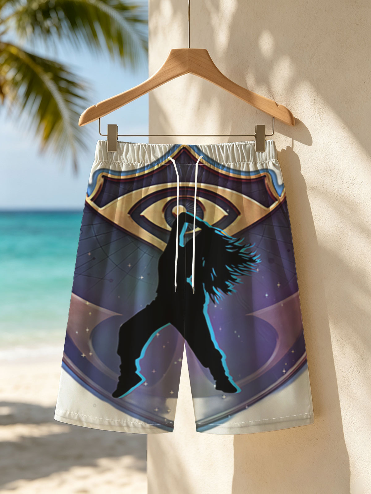 Silhouette of a dancer in front of an eye emblem, cosmic background -  Beach shorts