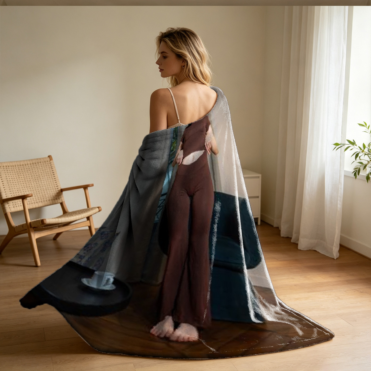 Blonde in Black Lingerie Posing Seductively - Blanket