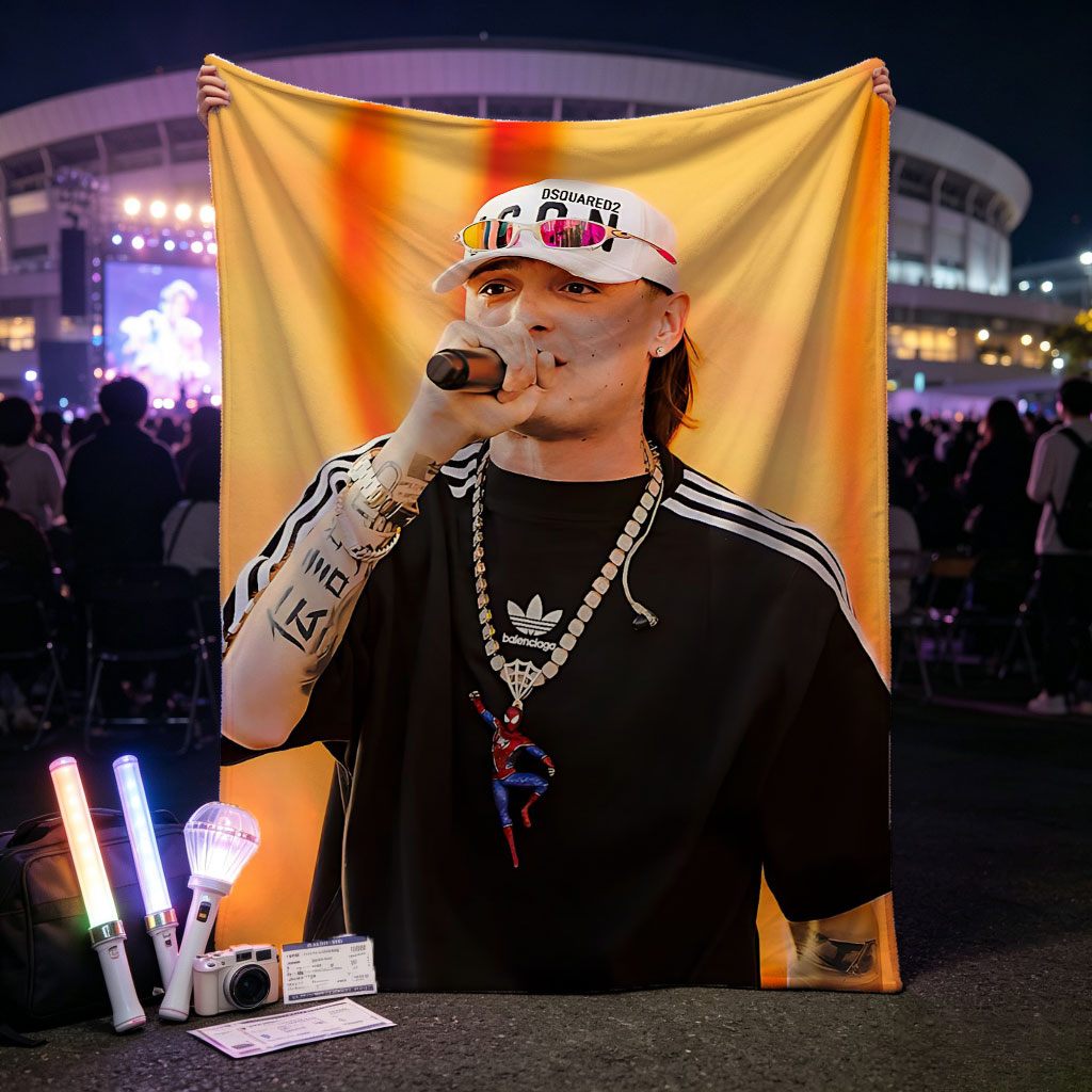 Machine Gun Kelly Performing on Stage Wearing a DSQUARED2 Cap and Spider-Man Pendant Necklace - Blankets
