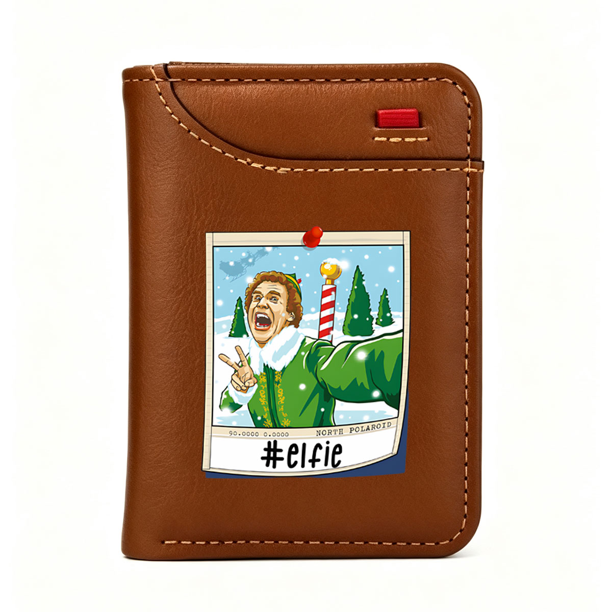 Elf in Green Suit Takes #elfie with Candy Cane and Snowy Background - Vertical Style Wallet