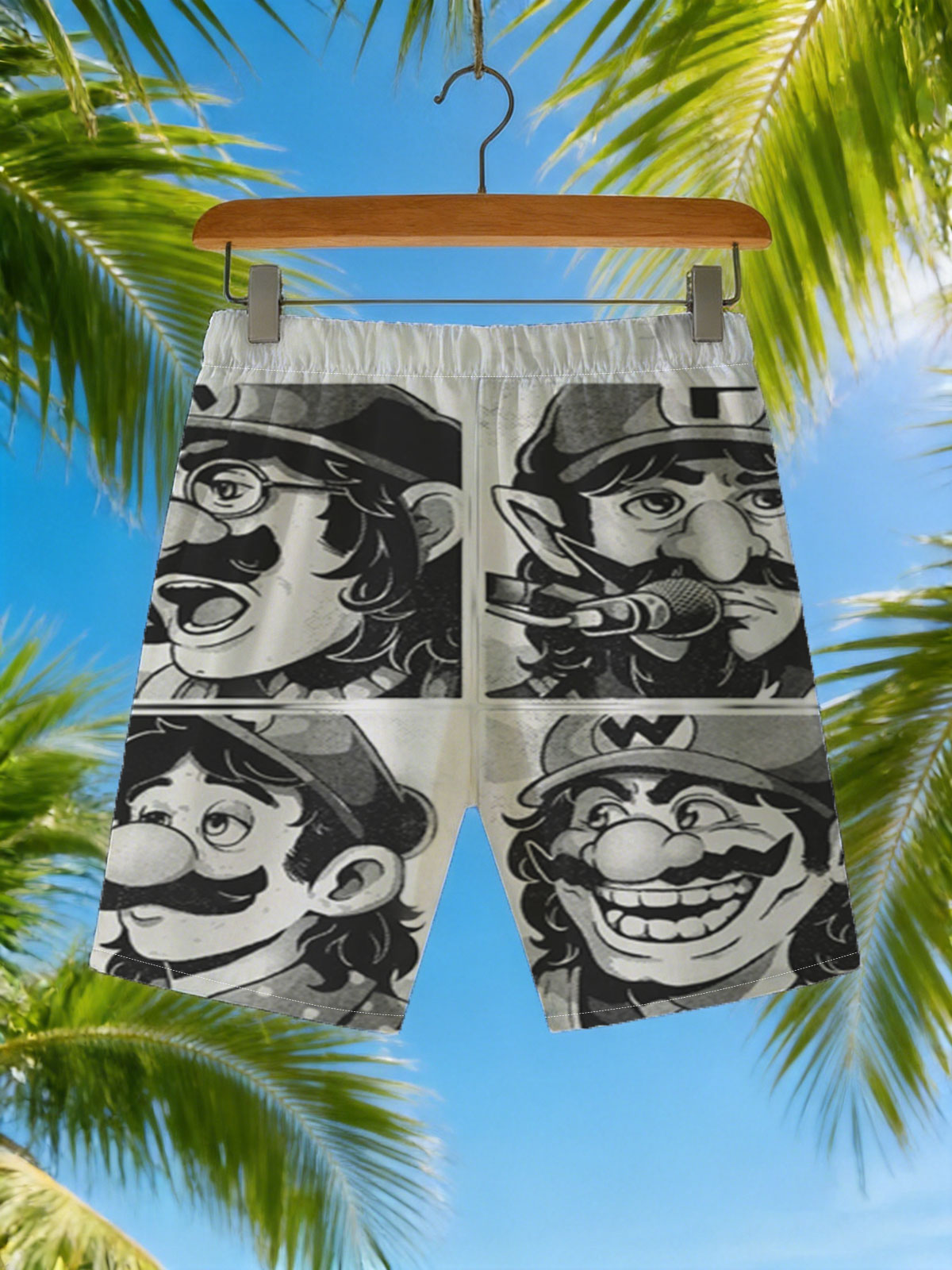 Mario, Luigi, Wario, and Waluigi in a comic-style black-and-white panel featuring expressive faces and microphones. -  Beach shorts