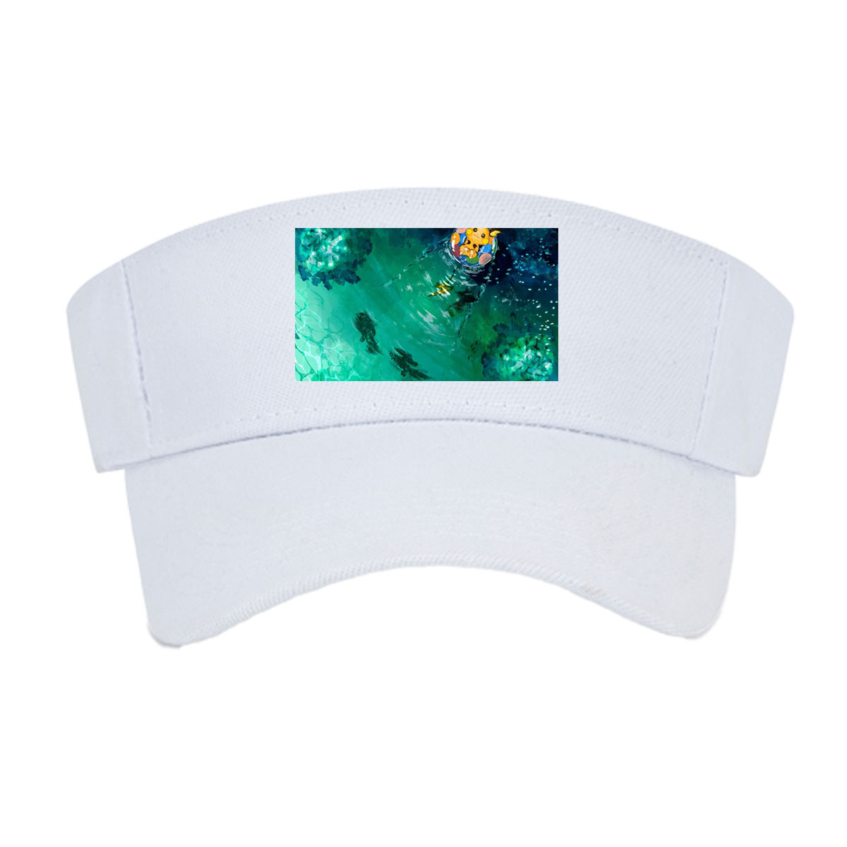Pikachu floating on a colorful ring in a serene, turquoise pool with fish swimming below. -  Visor cap