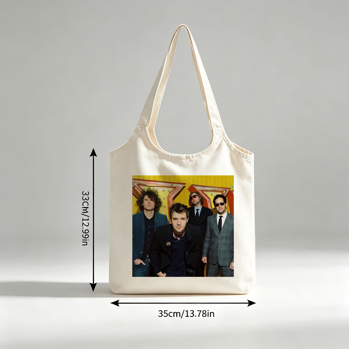 The Killers Band Members in Formal Wear Against a Vibrant Yellow Background - Canvas shoulder bags/