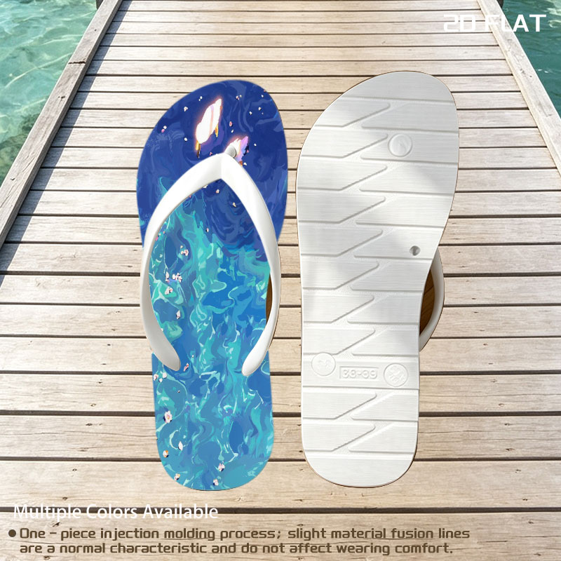 Ducks floating on a vibrant blue pond with scattered petals -  flip-flops