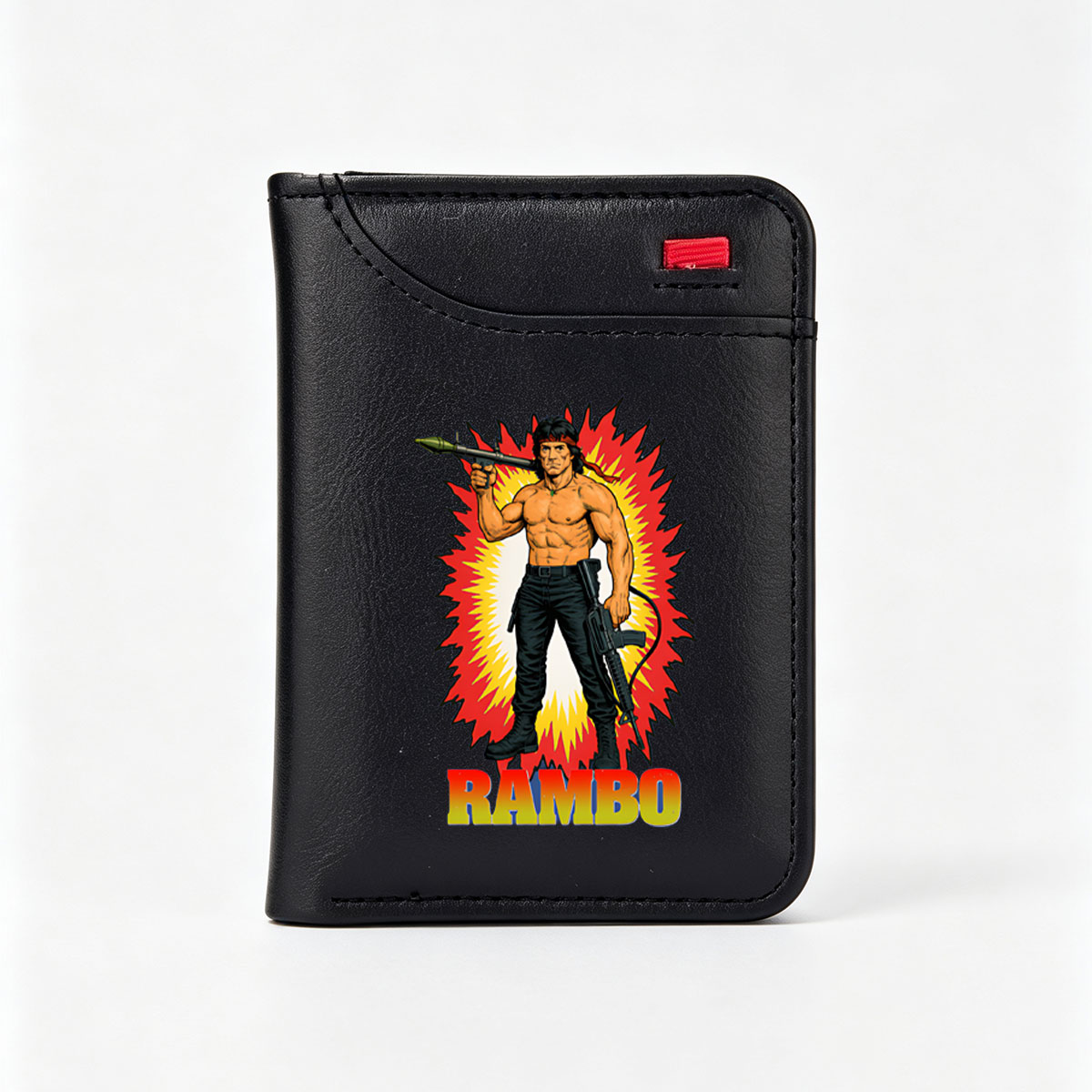Rambo: John Rambo, Action Hero with Weapons and Explosive Background - Vertical Style Wallet