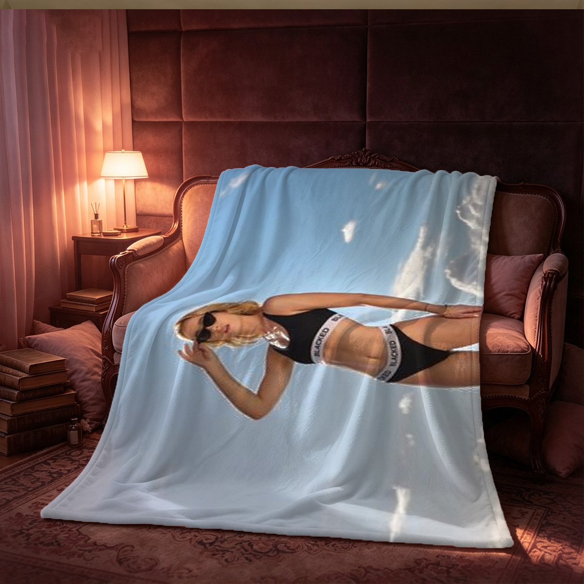 Nude Brunette Sitting on Leather Couch from Behind - Blanket