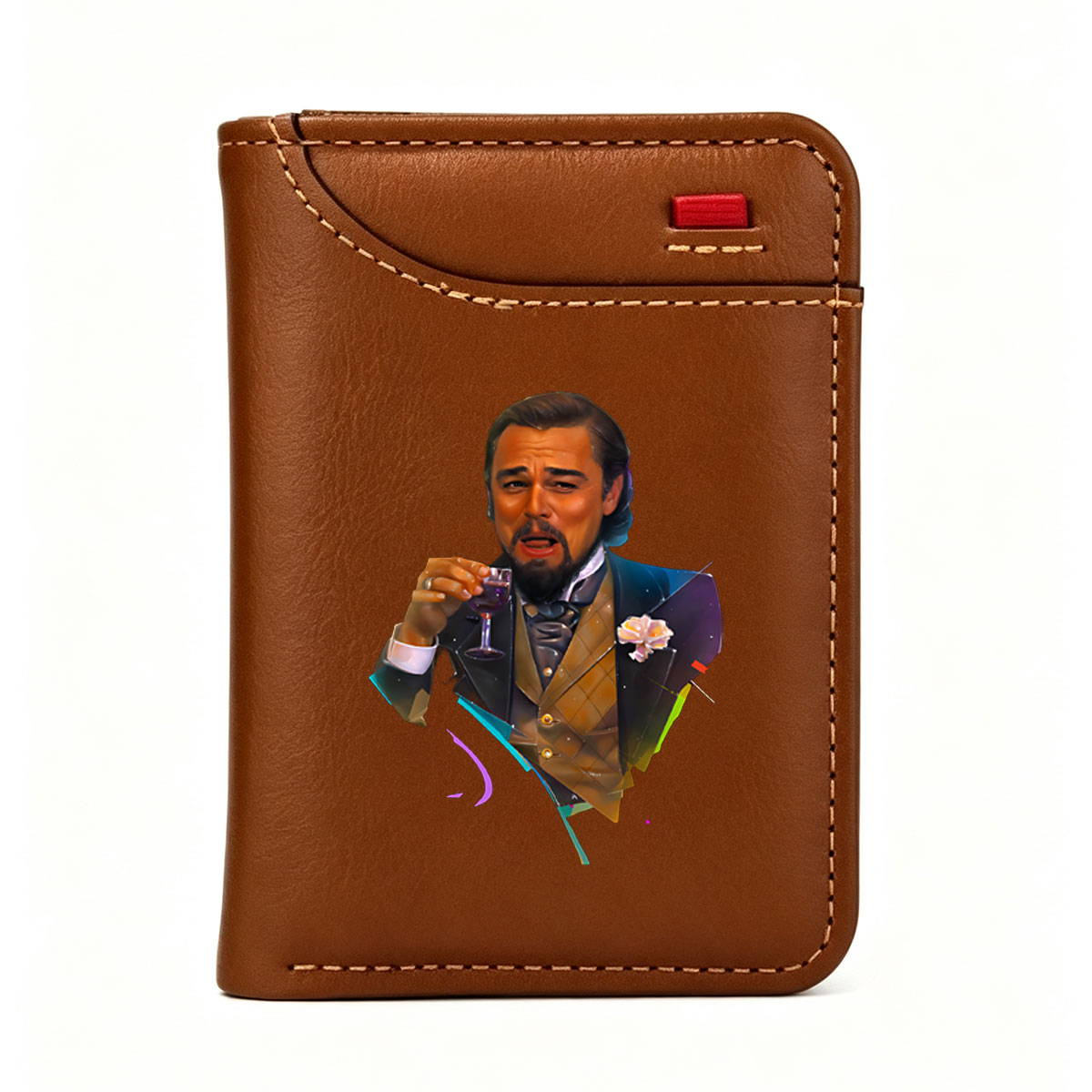 Leonardo DiCaprio in a stylish suit holding a wine glass, artistic portrait with vibrant colors and abstract elements - Vertical Style Wallet