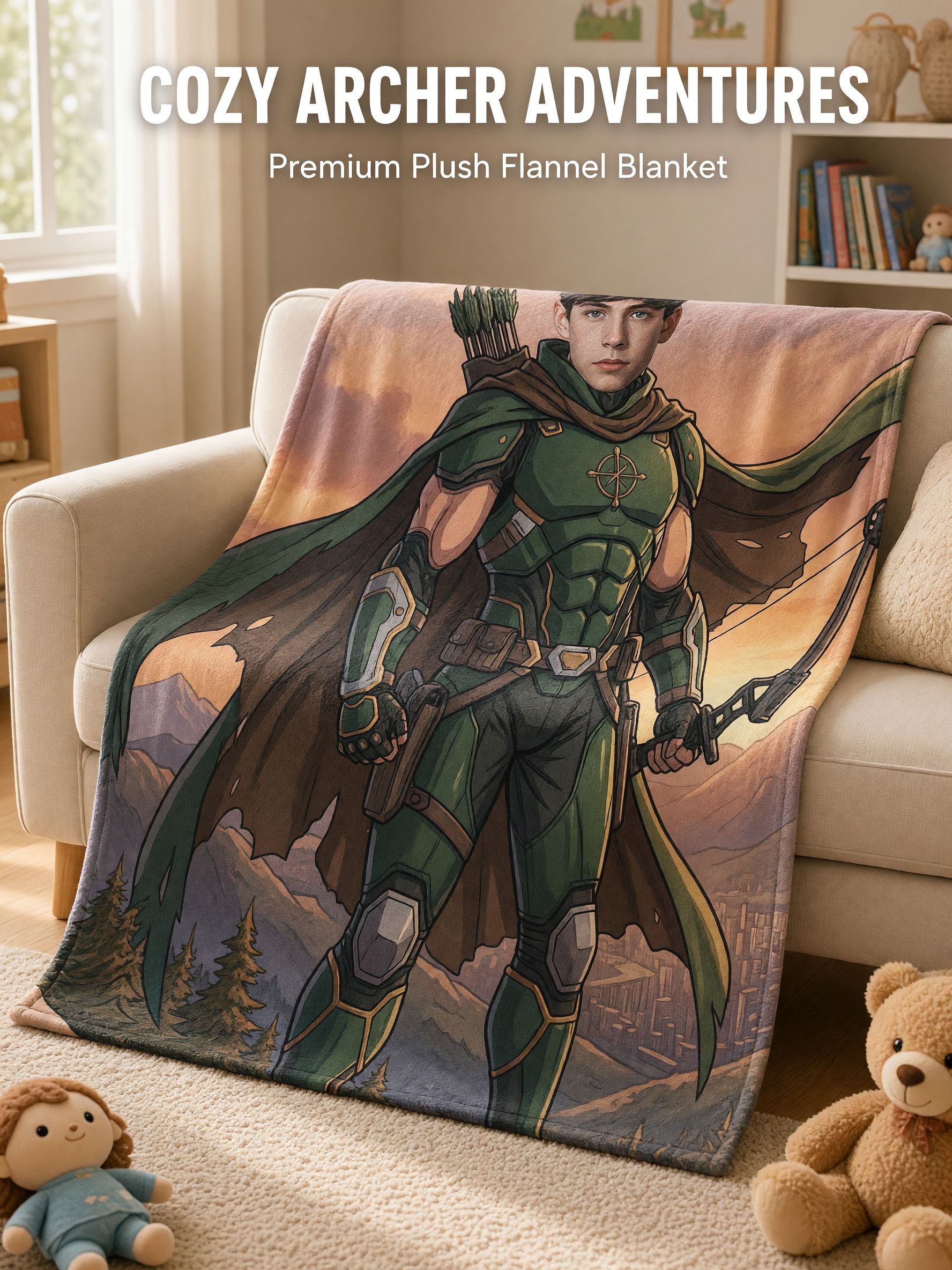 Custom Face Photo Flannel Blanket Personalized Superhero Archer Throw Skin Friendly Anti Pilling Cozy Birthday Gift