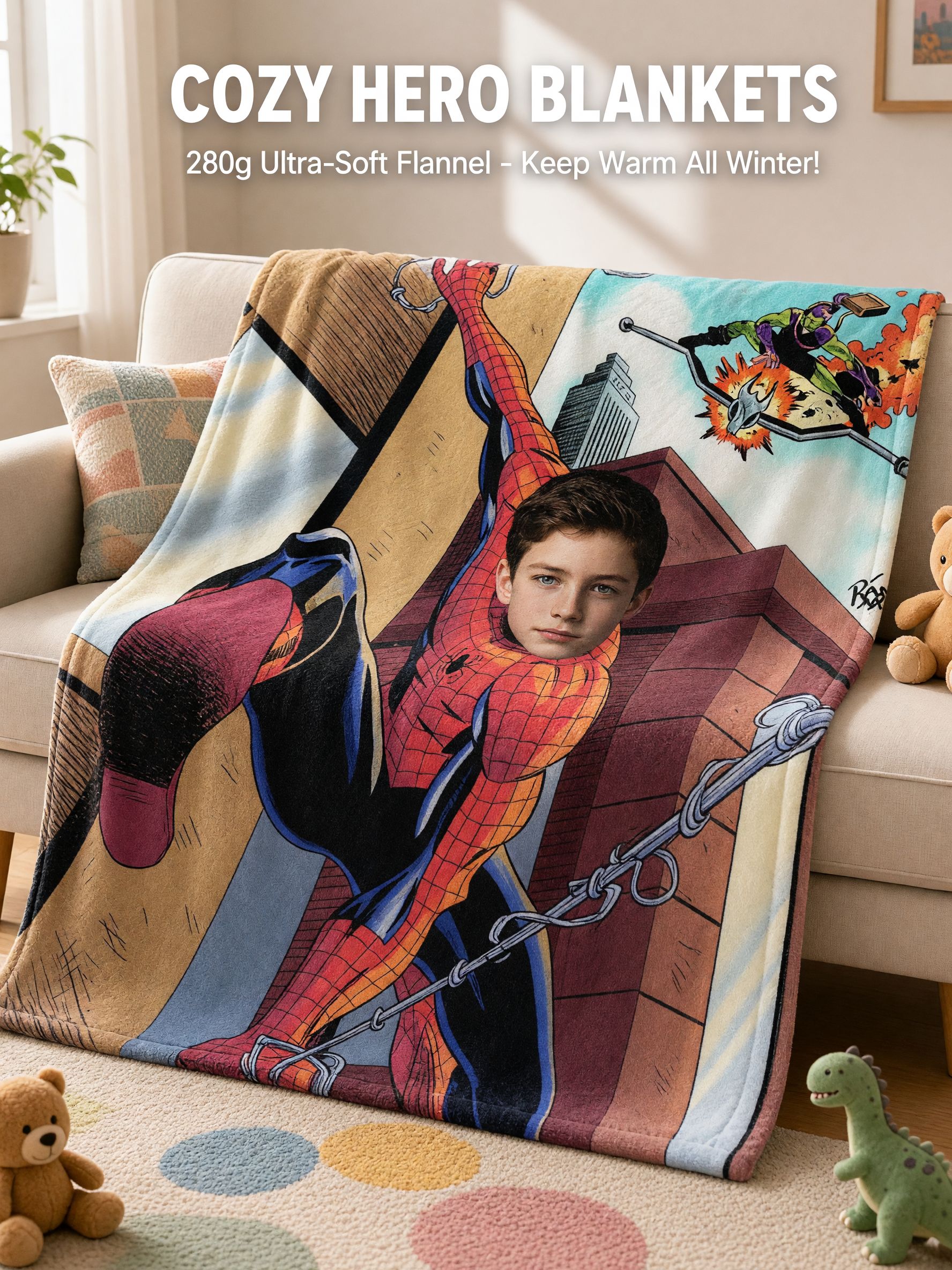 Custom Face Superhero Flannel Fleece Blanket, Personalized Photo Comic Throw for Bed Sofa Couch, Cozy Birthday Gift