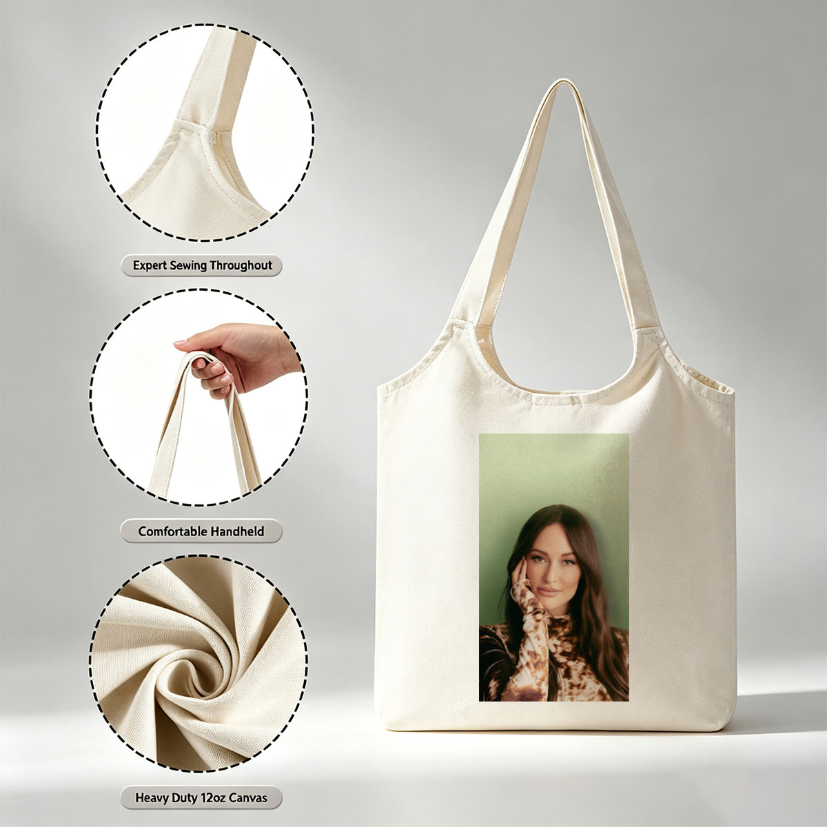 Kendall Rae - Portrait - Woman with Long Brown Hair Wearing Tie-Dye Top Against Green Background - Canvas shoulder bags/