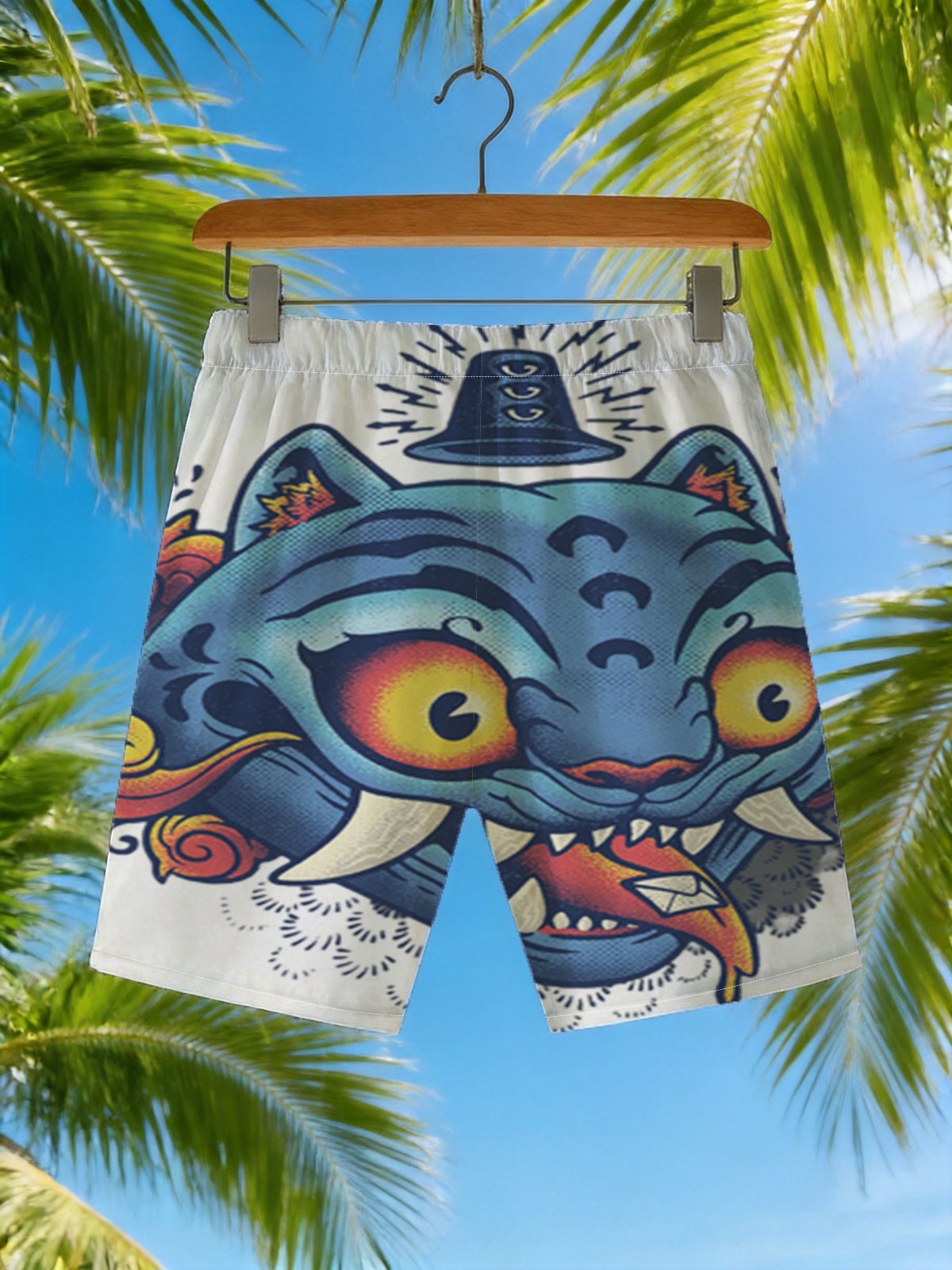 Blue Tiger with Bell and Envelope in Mouth -  Beach shorts
