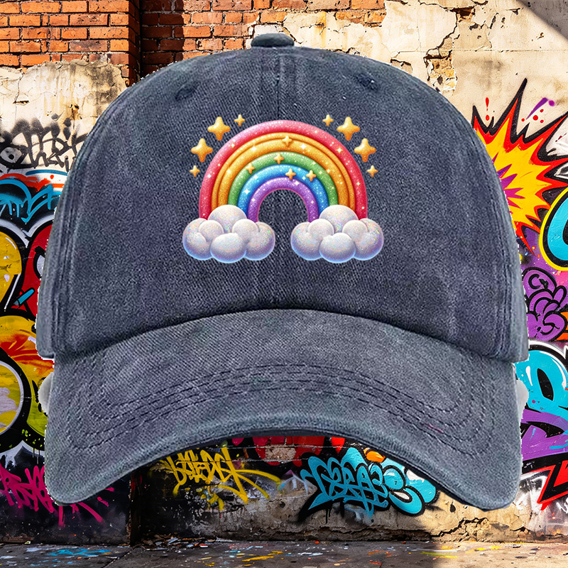 Men's Printed Washed Cap Rainbow Stars Clouds Design Casual Round Brim Summer Lightweight Hat for Outdoor Activities and Daily Wear, Suitable for Adults Seeking Fun and Comfortable Headwear