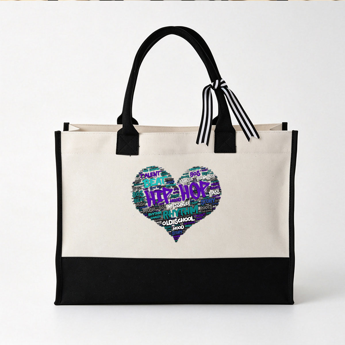 Hip Hop: Beat, Rhythm, Old School, 80s, Gangsta, Music, Message, Talent, Roots, Story, Bass, Hood, Boom Box - Canvas patchwork gift tote bag