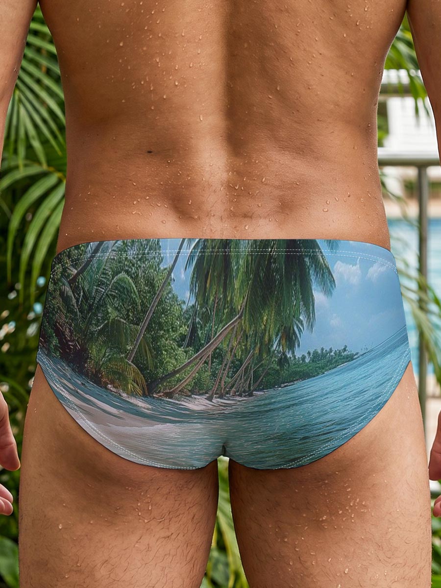 Tropical Beach with Crystal Clear Water and Palm Trees -  Men's swim trunks