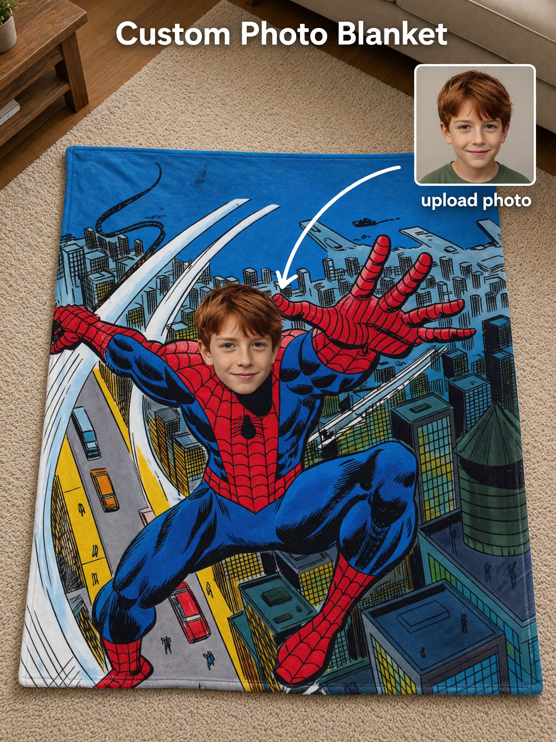 Personalized Superhero Photo Blanket Custom Face Flannel Throw Soft Fleece Bed Couch Blanket Unique Keepsake Gift