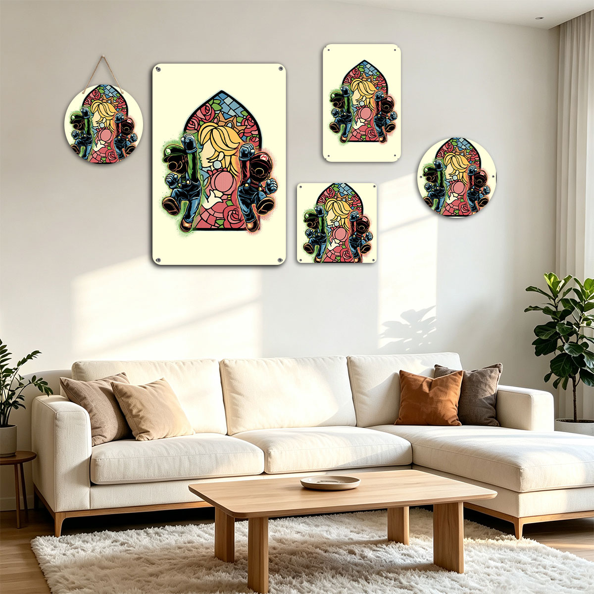 Mario and Luigi Guarding Princess Peach in Stained Glass Style - painting