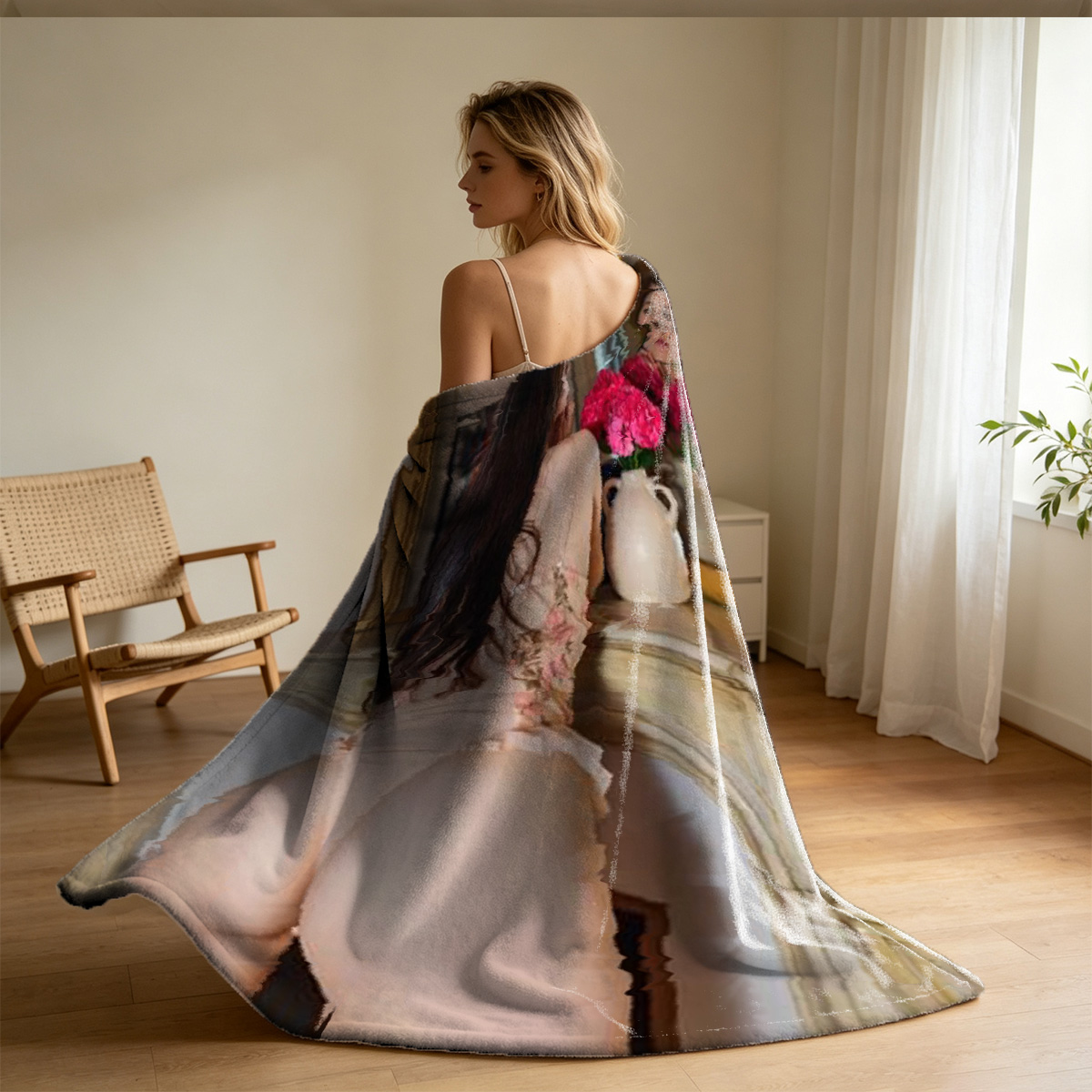 Nude Emma Watson standing in bedroom, back view, looking over shoulder. - Blanket