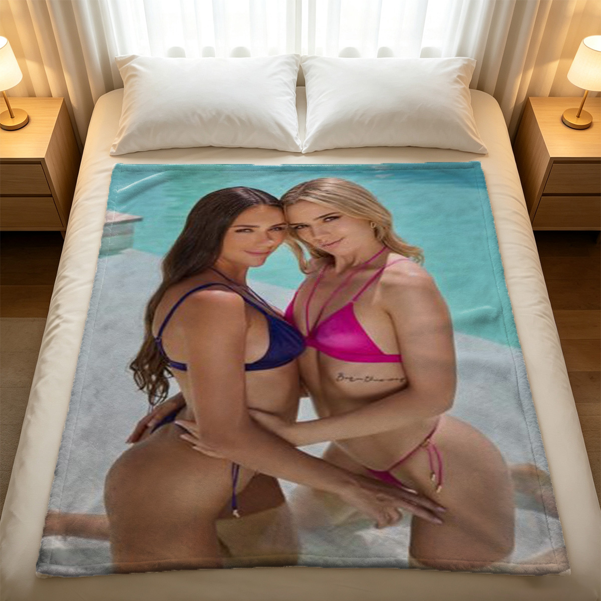Ginger-haired beauty in black micro bikini kneeling on bed. - Blanket
