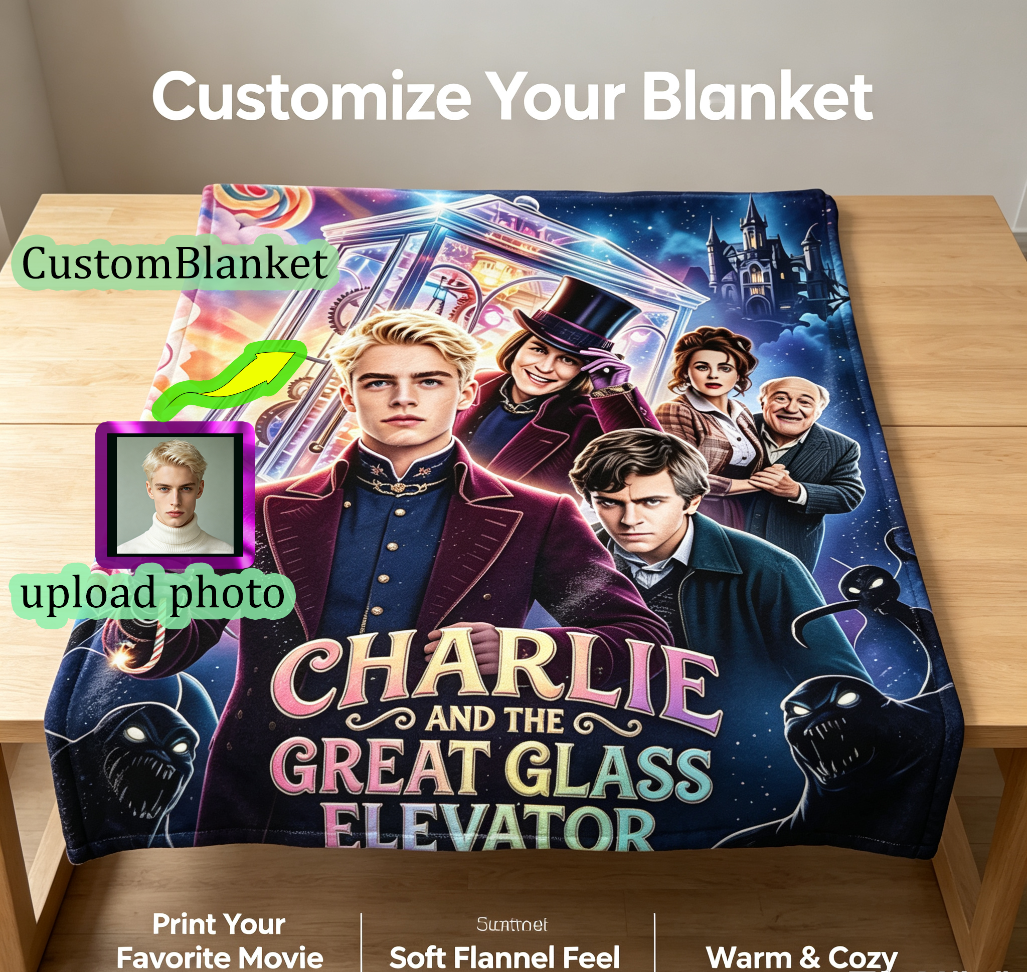 Custom Face Blanket Charlie and the Great Glass Elevator Flannel Blanket Movie-Themed Cozy Throw Perfect for Fans of Johnny Depp and Freddie Highmore Ideal Gift or Giveaway for Kids and Adults