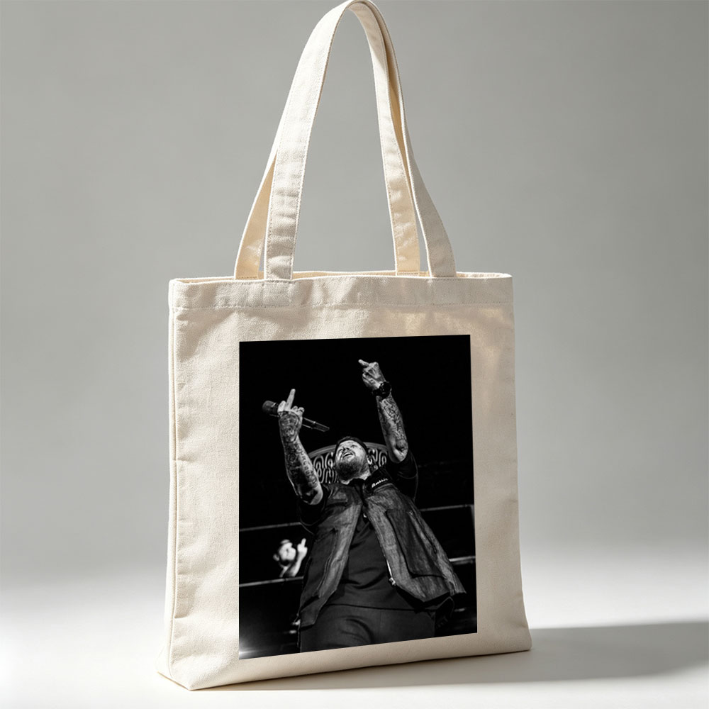 Luke Combs Performing on Stage with Tattooed Arms Raised in Black and White Photo - Canvas tote bags