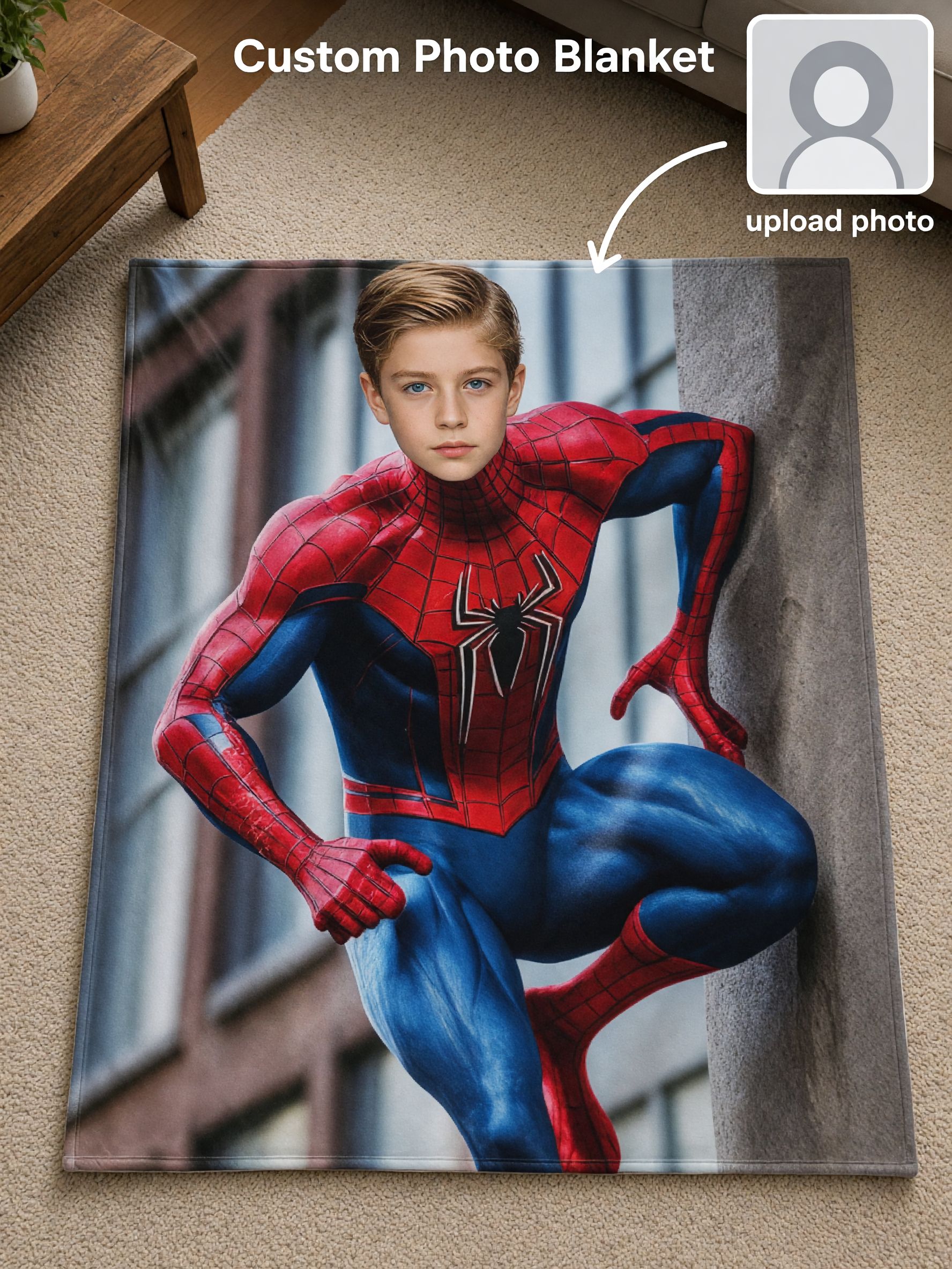 Custom Face Photo Superhero Flannel Fleece Blanket, Ultra Soft Personalized Throw for Bed Couch, Cozy Gift for Kids