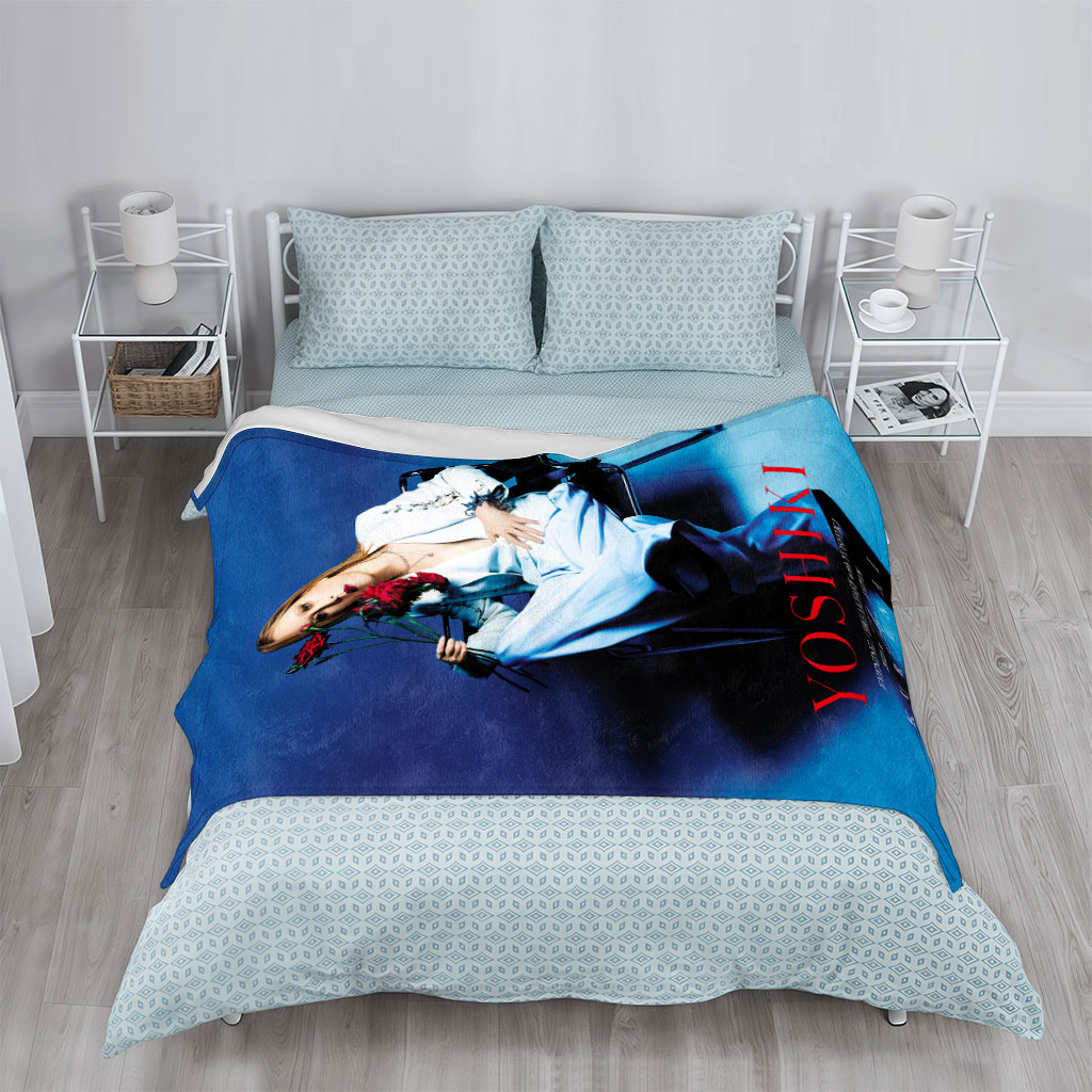 YOSHIKI Evening Breakfast with YOSHIKI 2025 in Tokyo Japan KURENAI Poster Featuring YOSHIKI Seated on Chair Holding Red Roses Against Blue Background - Blankets