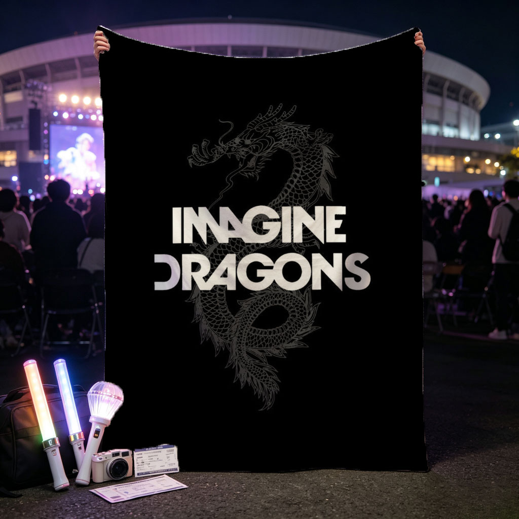 Imagine Dragons Band Logo with Dragon Art on Black Background - Blankets