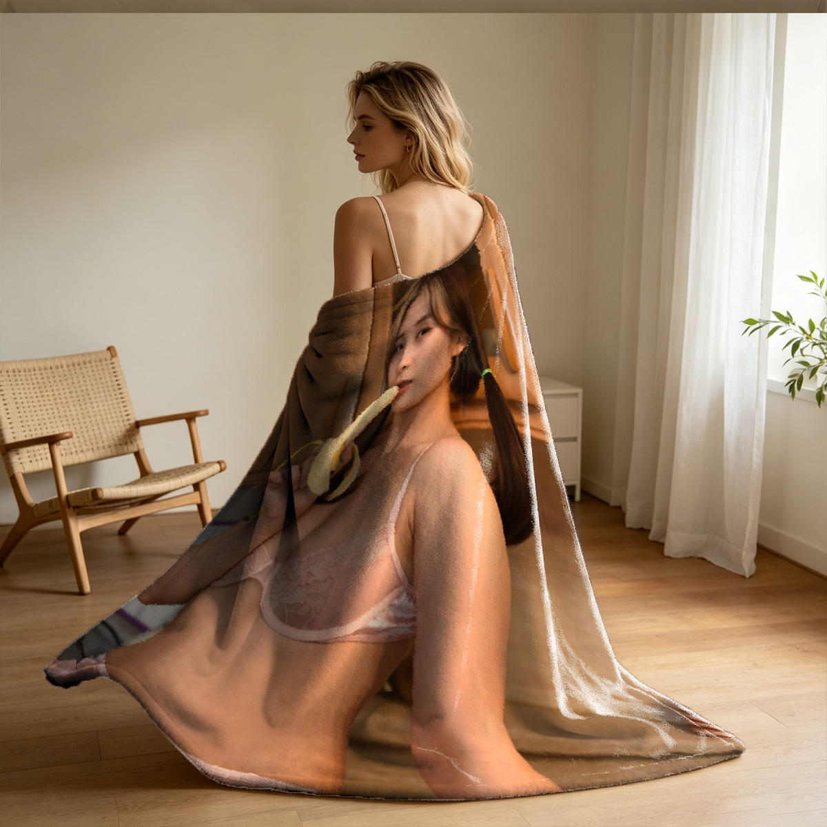 White Lace Bodysuit Pose at the Door - Blanket