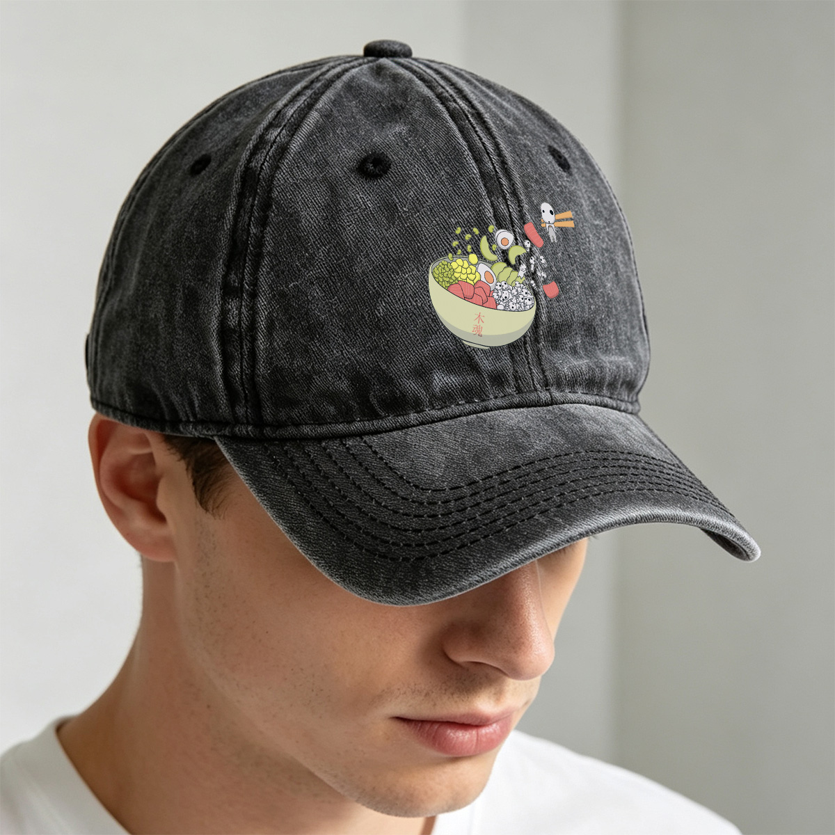 Kawaii Food Bowl with Kodama Characters - Washed Denim - Baseball Cap