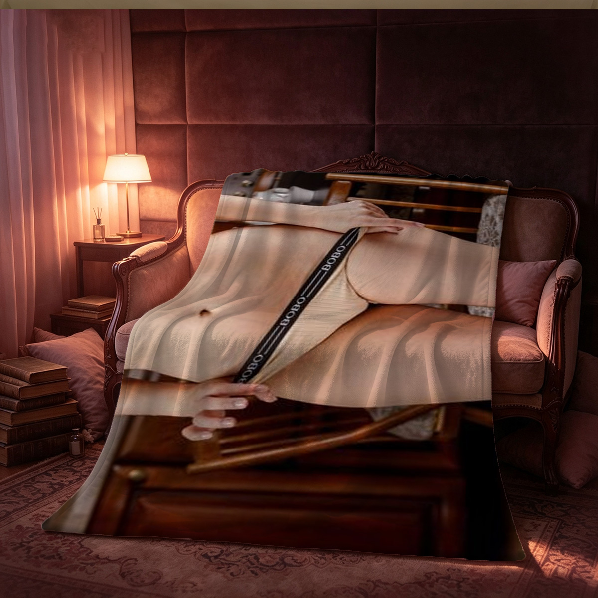 Happy Woman in Red Lingerie Holding a Gift Box on Bed - Blanket