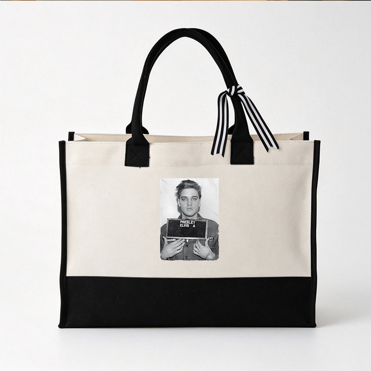 Elvis Presley Army Mugshot 1958 - Canvas patchwork gift tote bag
