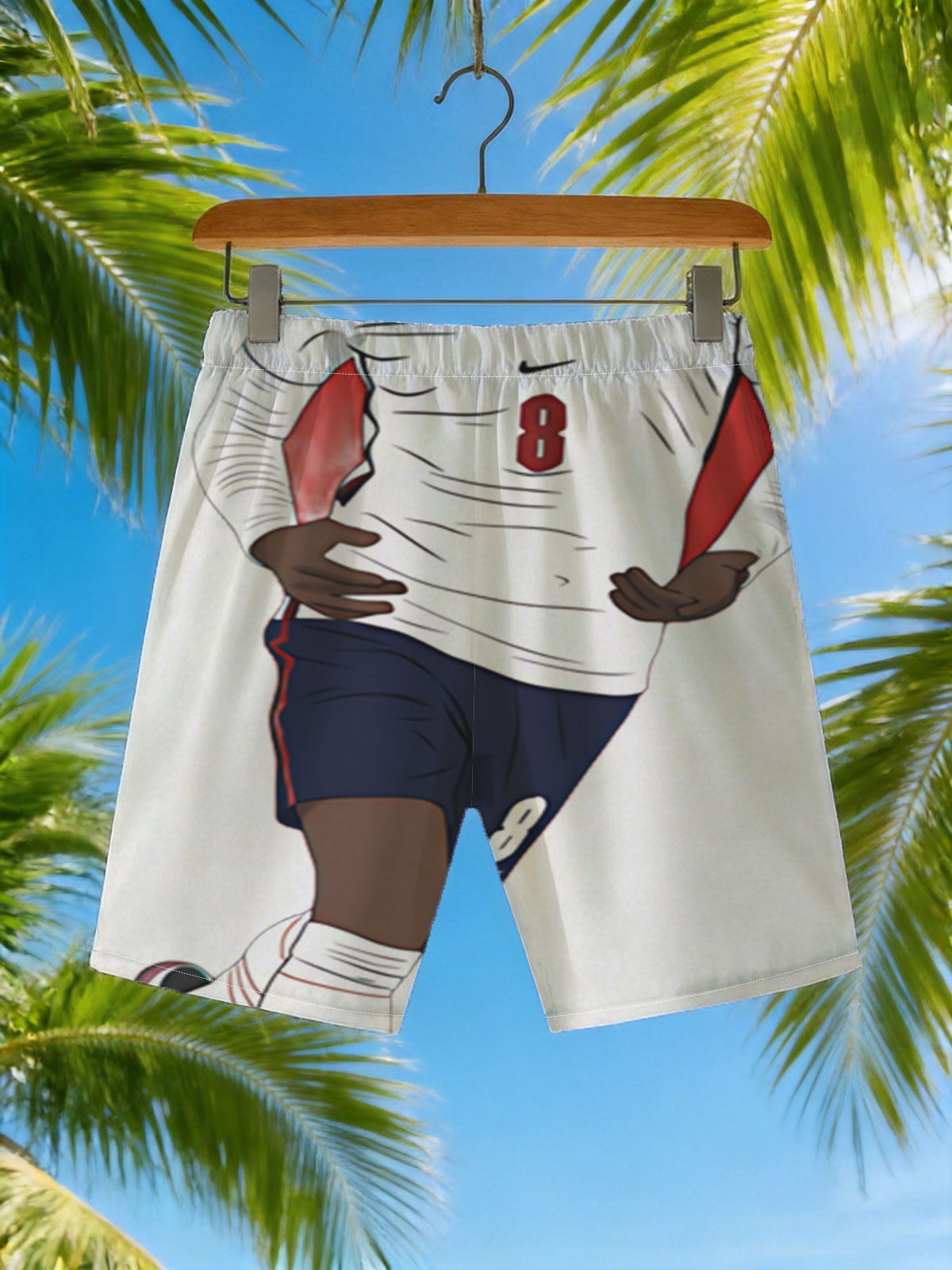 Soccer Player in White Jersey with Number 8 on Red Background -  Beach shorts