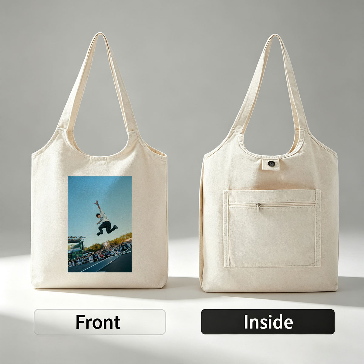 Skateboarder in Mid-Air Trick at Outdoor Festival with Crowd Watching - Canvas shoulder bags/