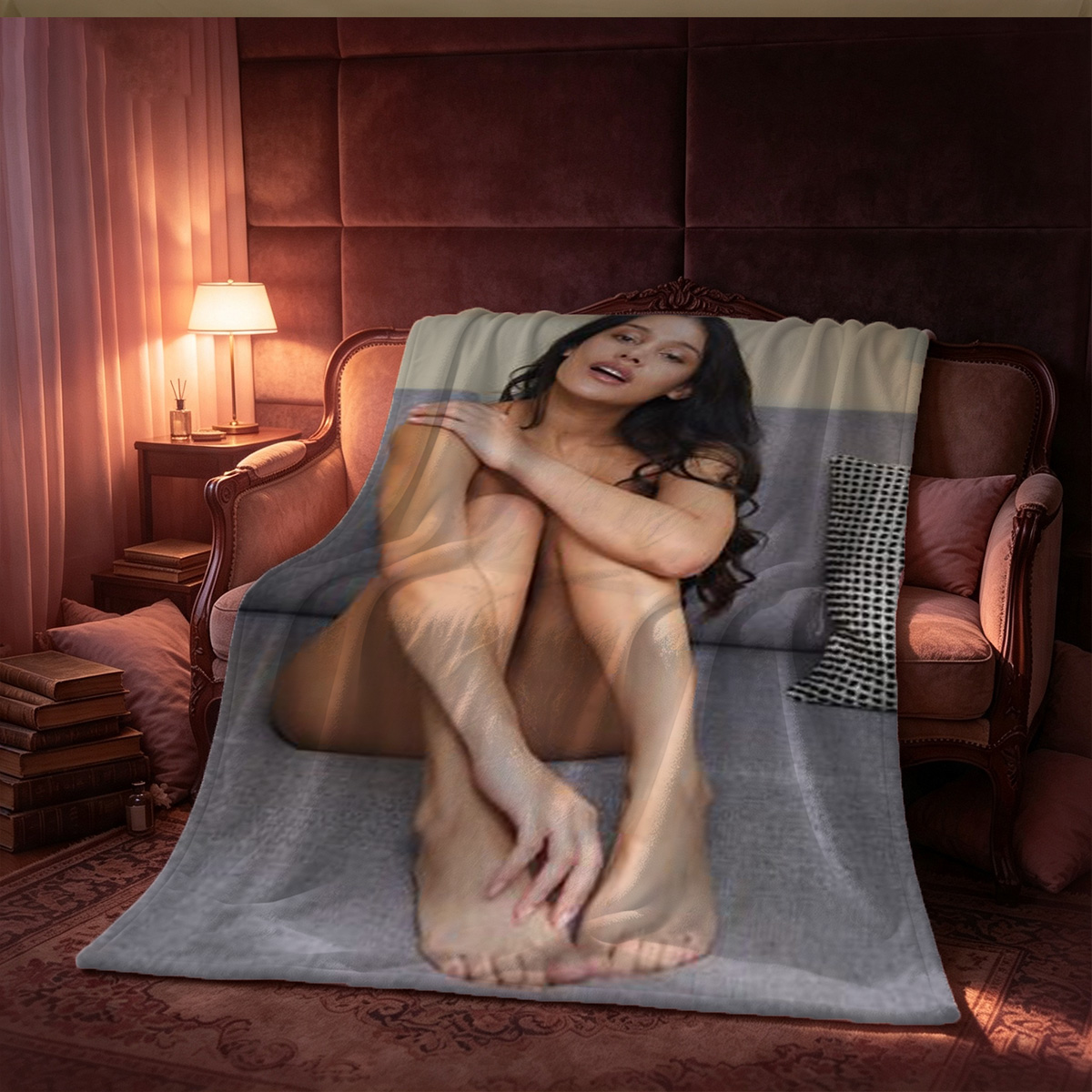 Nude Japanese model in red thong and jeweled high heels, curled pose on leather couch. - Blanket